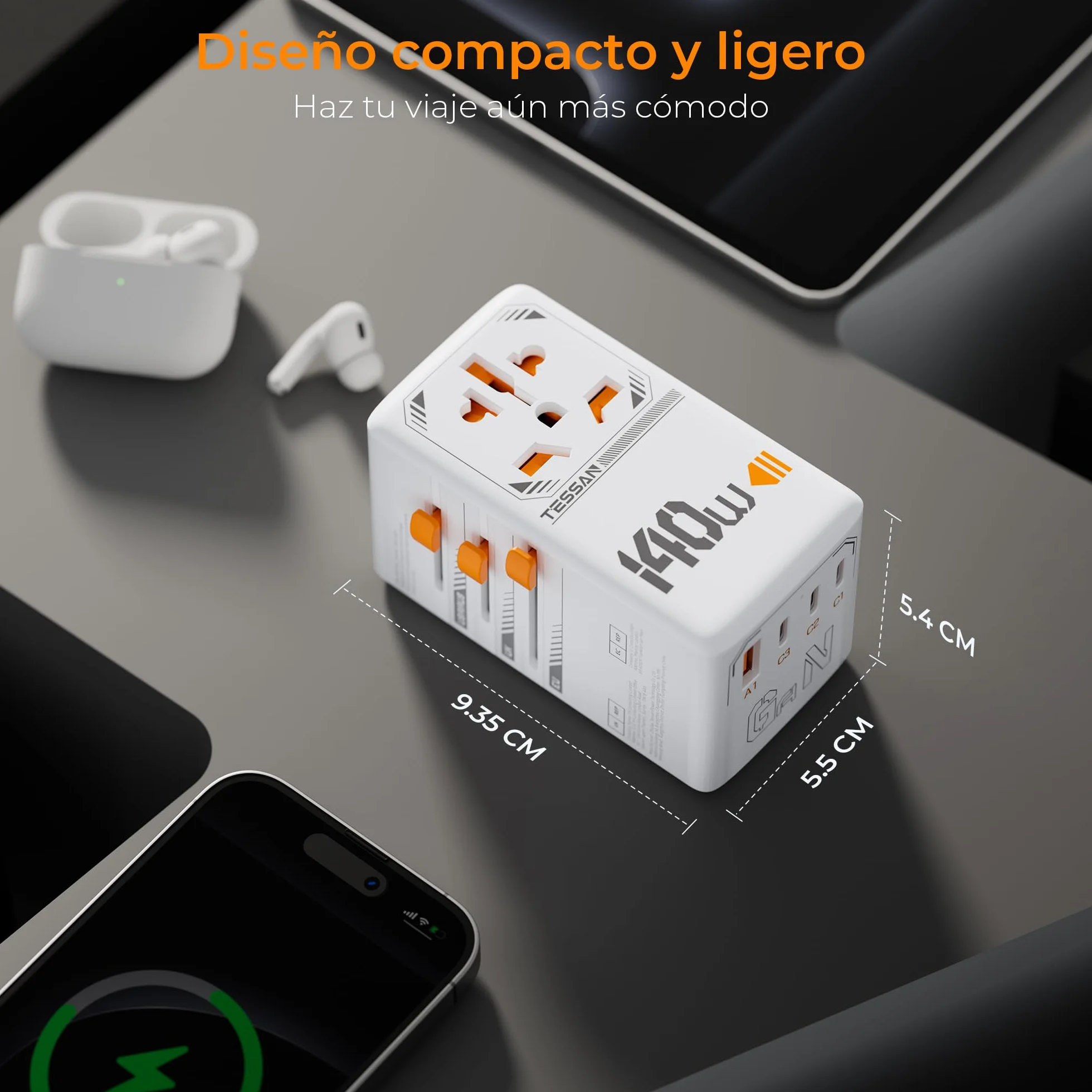 TESSAN 140W GaN Travel Adapter na całym świecie, Szybkie ładowanie Adapter, Podróżne wtyczki na całym świecie z 3 USB C, 1 USB A, Podróżne zasilanie dla UE USA Japonia Tajlandia Australia Kanada