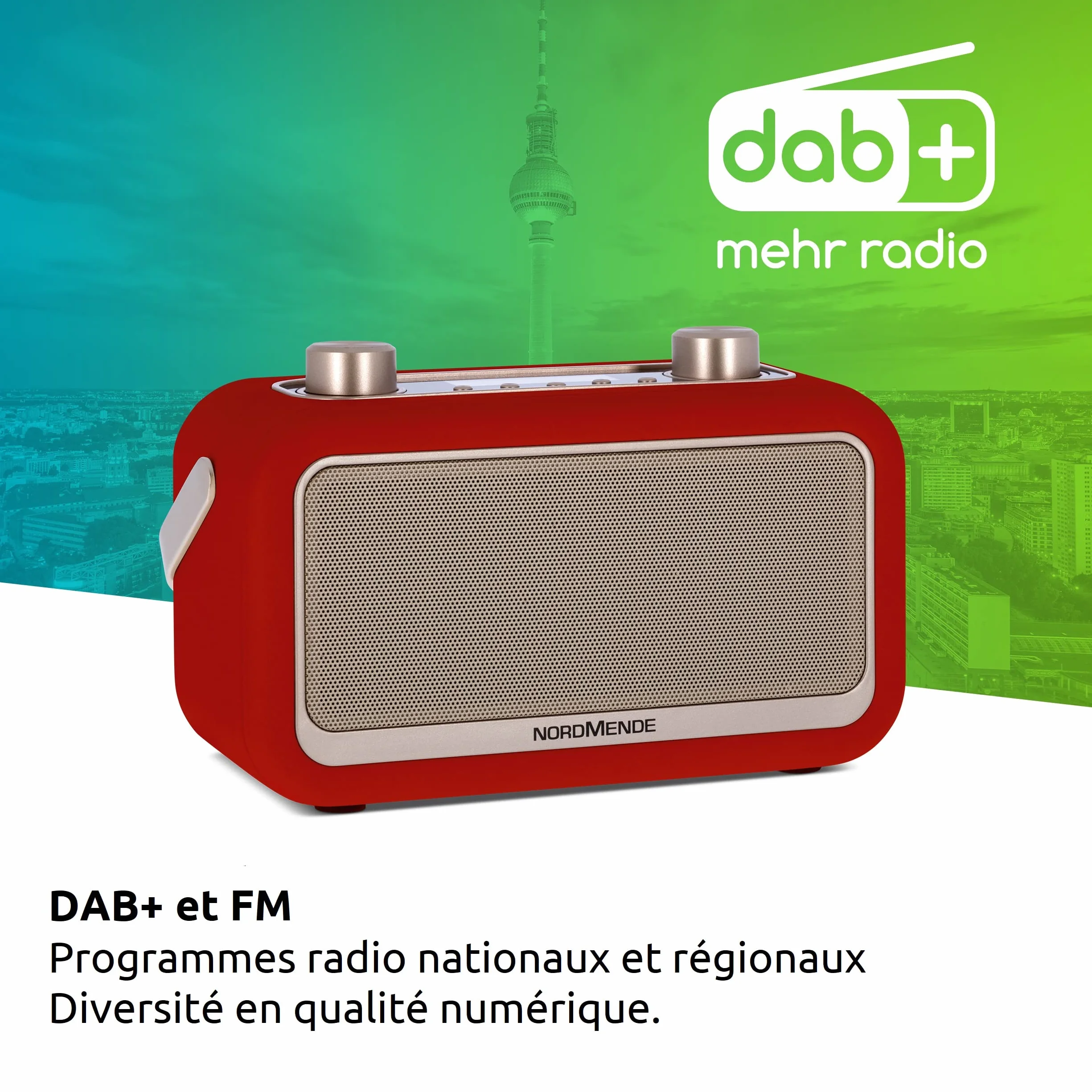 Nordmende Transita 30 – przenośne radio cyfrowe (DAB+, UKW, strumieniowe przesyłanie dźwięku przez Bluetooth, budzik, godzina, pamięć ulubiona, wyświetlacz LCD, złącze słuchawkowe, 2 głośniki stereo 3 W), kolor czerwony