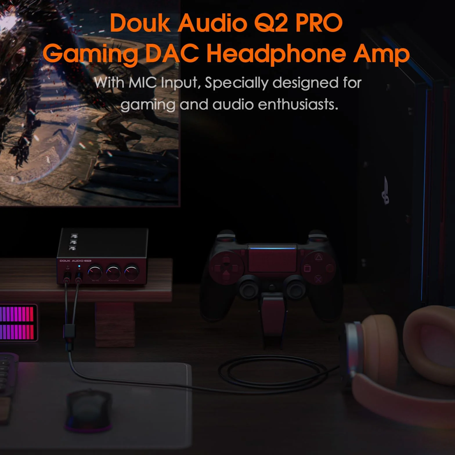 Mini Stereo Gaming DAC z wejściem mikrofonu: wzmacniacz słuchawkowy, USB/optyczny przetwornik D/A, 32-bit/192 kHz audio o wysokiej rozdzielczości do PC, PS4, Xbox, Switch (Douk Audio Q2Pro)