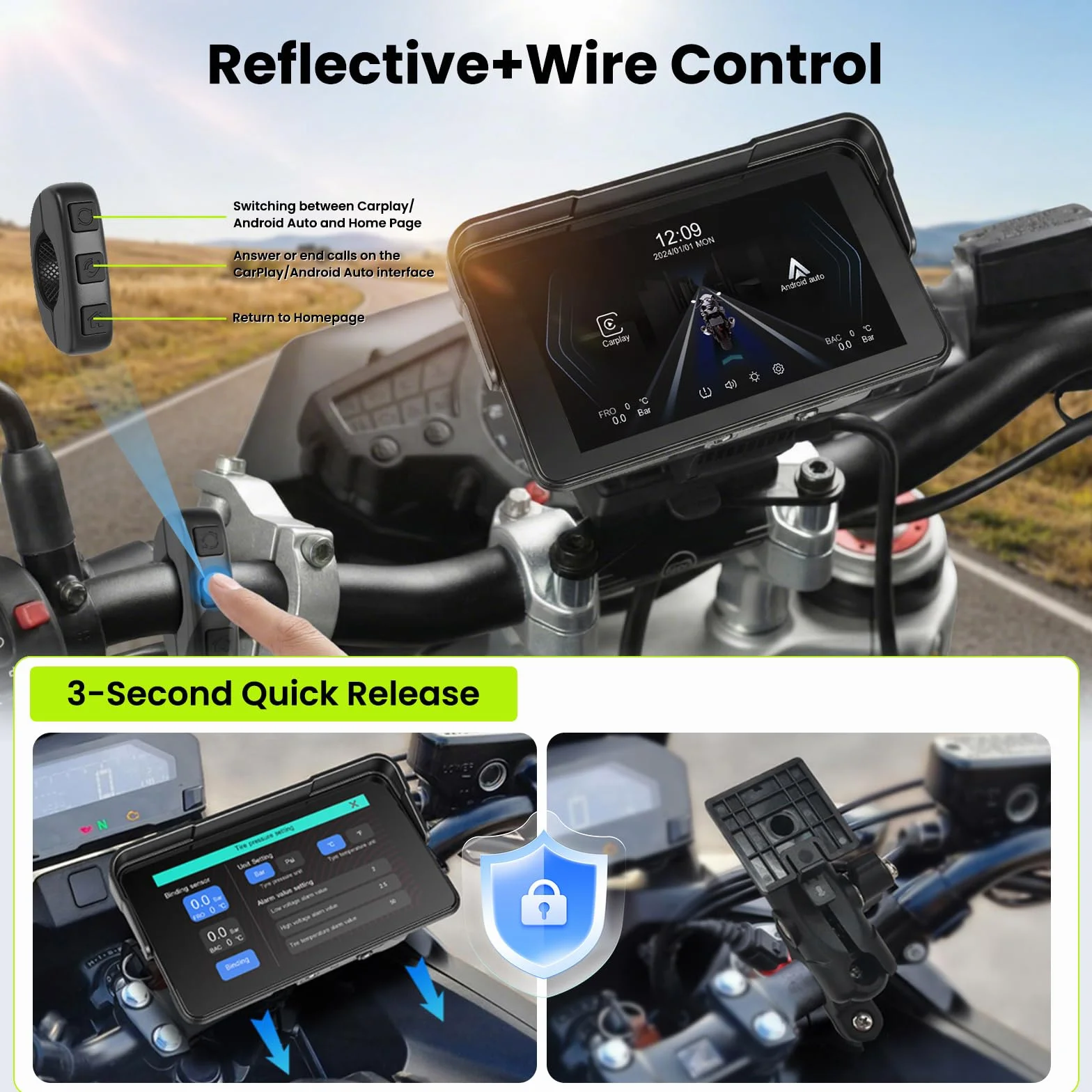 Rimoody GPS motocyklowy 5 cali z funkcją CarPlay i bezprzewodowym systemem Android Auto - wodoodporna nawigacja motocyklowa IP68, ekran dotykowy 5'', uniwersalne mocowanie fizyczne przyciski
