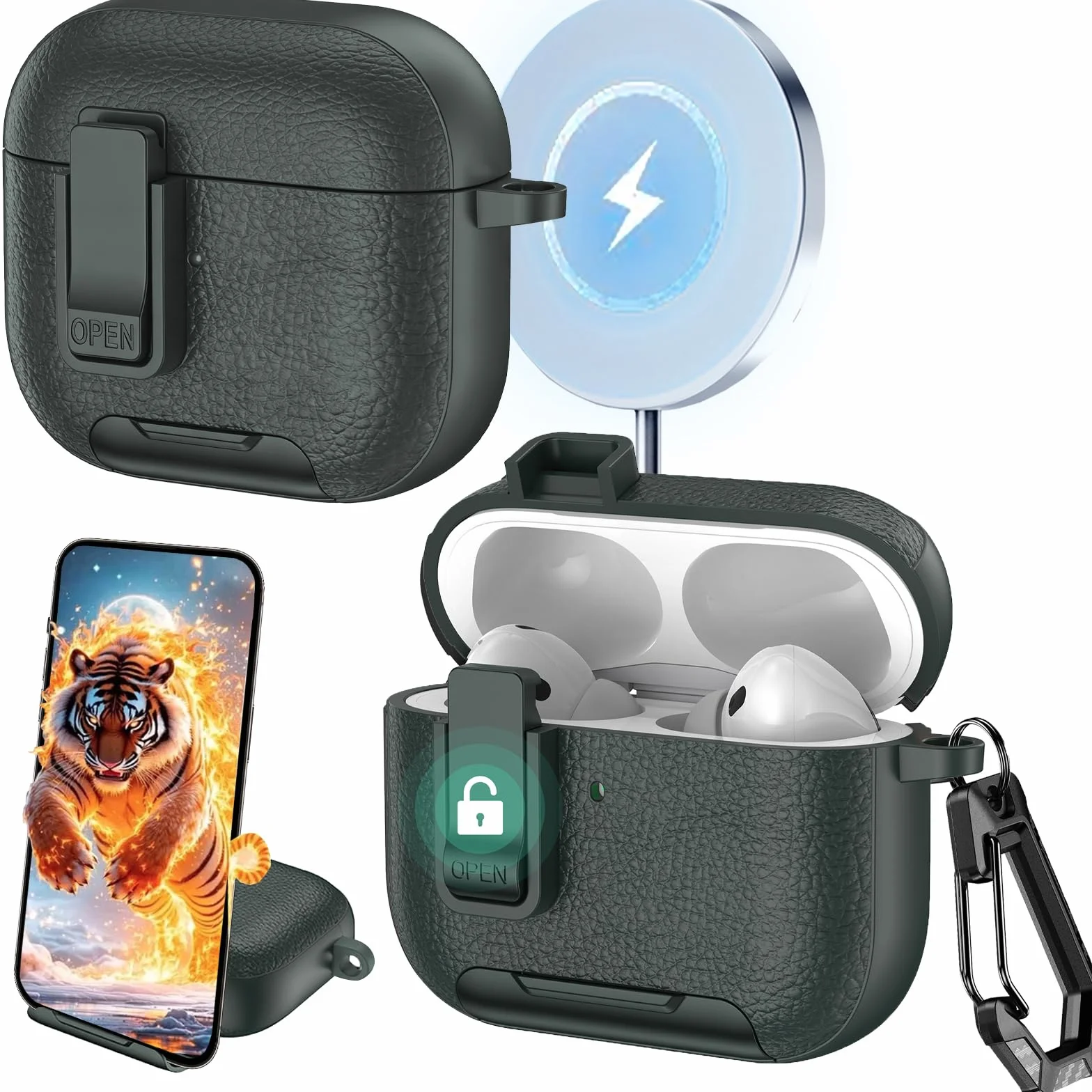 Ysnzaq Etui do AirPods Pro 3. generacji z klipsem blokującym i funkcją stojaka, skóra tekstura odporne na uderzenia etui ochronne z karabińczykiem do AirPod Pro 3 2025-PWZ Army Green