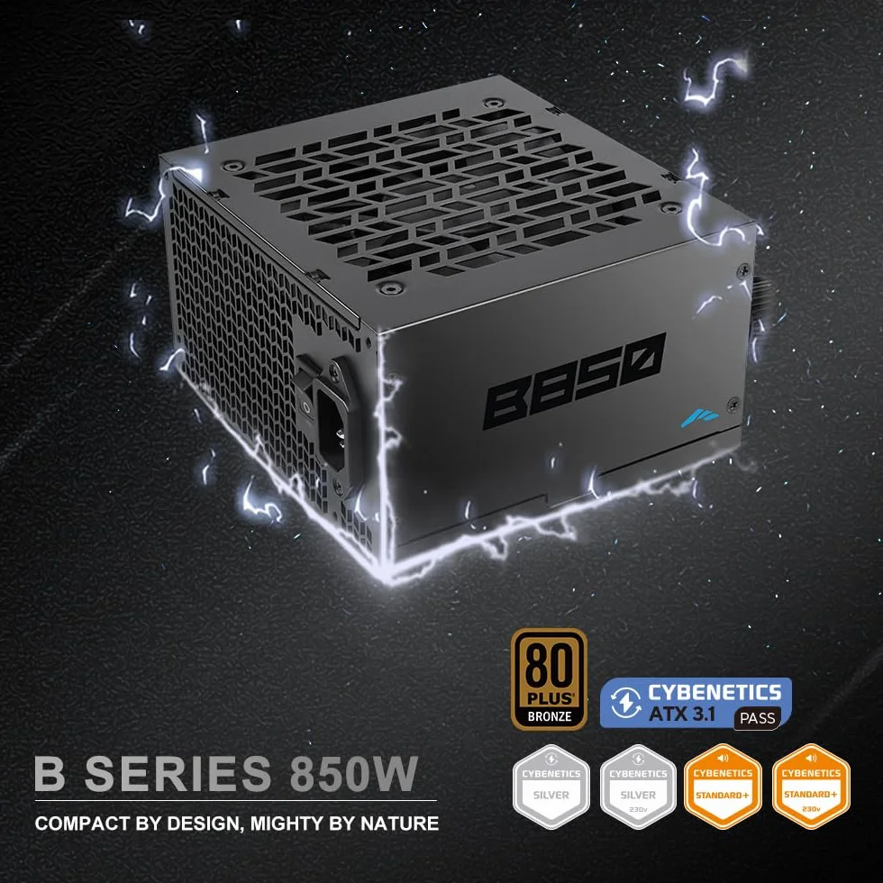 Zasilacz SAMA B850 850W Bronze, ATX 3.1, PCIe 5.1, 12V-2x6, niemodularny | Zasilacz ATX z certyfikatem Cybenetics, cichy wentylator 120 mm, 3-letnia gwarancja