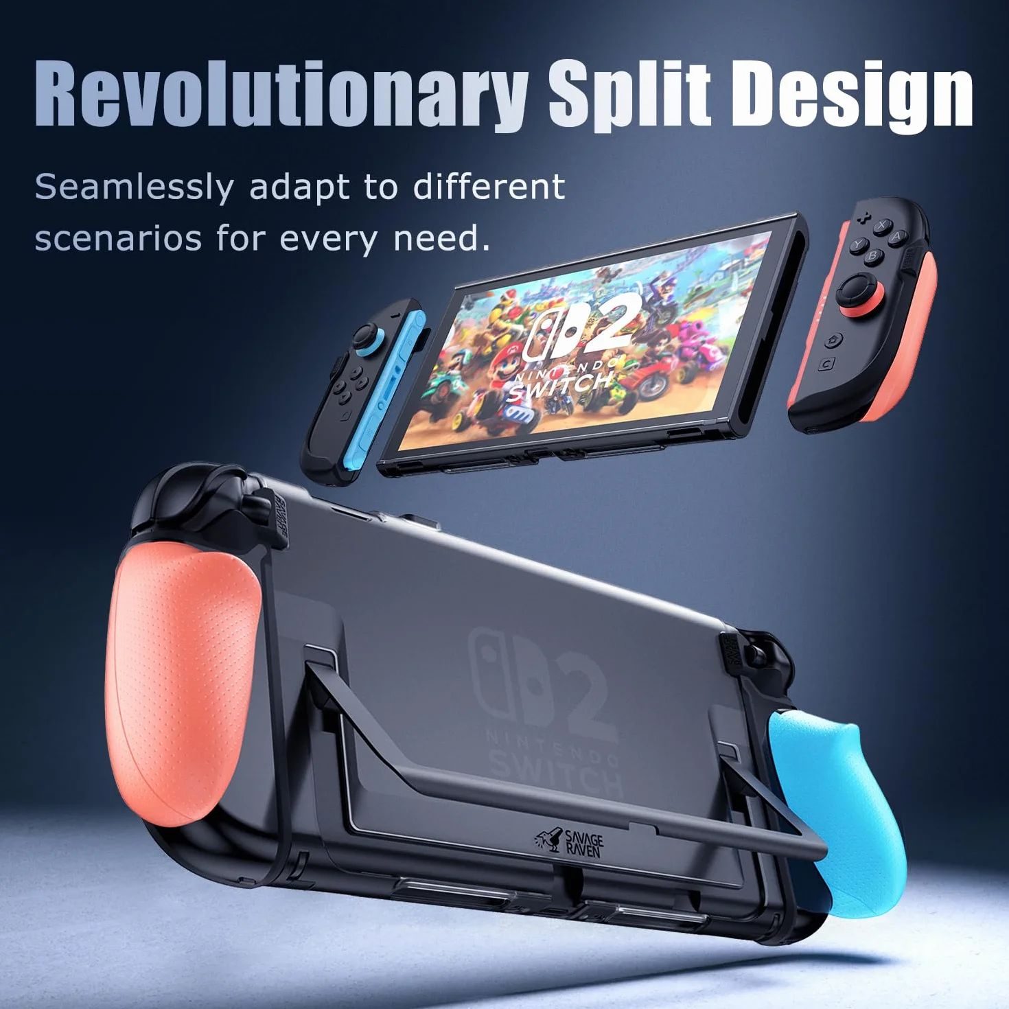 Savage Raven by Skull & Co. FissionGrip Bundle do Nintendo Switch 2: Rewolucyjne etui ochronne z wymiennymi uchwytami [do dopasowania do wszystkich rozmiarów rąk] [z etui Carrying]- Neon Blue(L)+