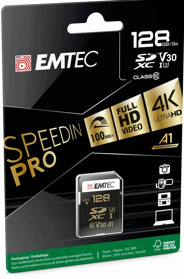 EMTEC ECMSD128GXC10SP - Karta SD - UHS-I U3 - Klasa 10 - Zakres Speedin - z adapterem o ultra wysokiej wydajności - Prędkość odczytu do 95MB/S - 128 Gb