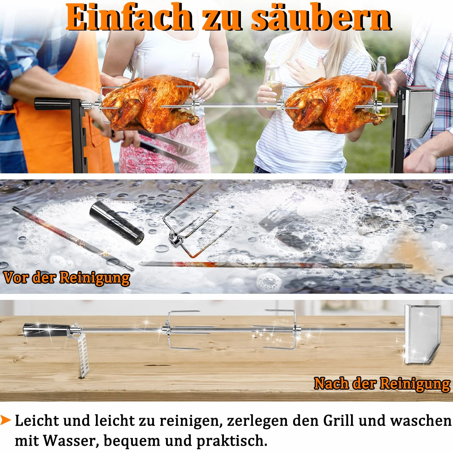 Rotisserie rożen do grilla gazowego, 107 cm, ze stali nierdzewnej, z 4 igłami do mięsa, uniwersalne zastosowanie, silnik elektryczny 220 V – 240 V, do grilla gazowego