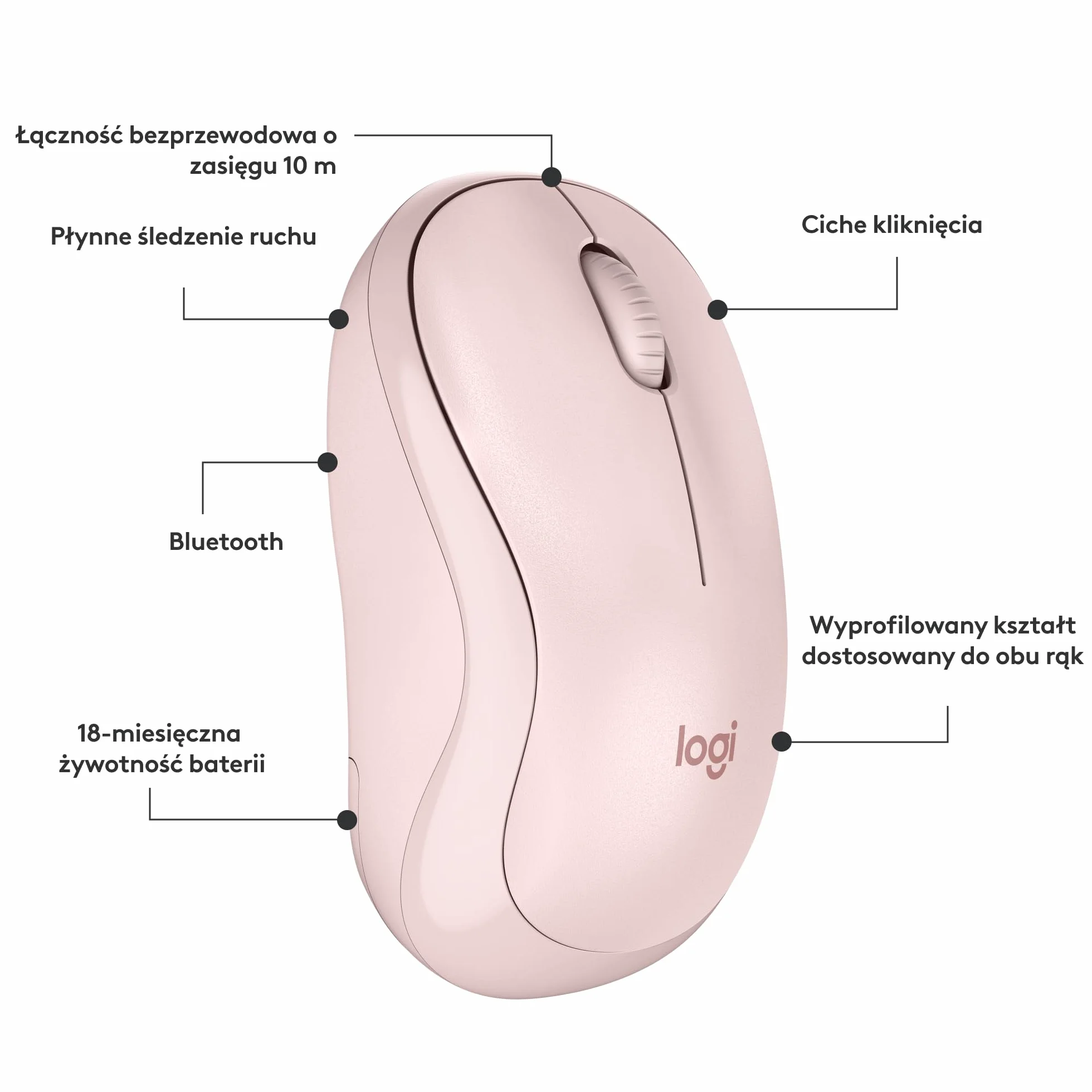 Logitech M240 Silent Bluetooth mysz, bezprzewodowa, kompaktowa, przenośna, śledzenie ruchów, bateria na 18 miesięcy, Windows, macOS, ChromeOS, zgodność z PC, Mac, laptop, tablet - Róża