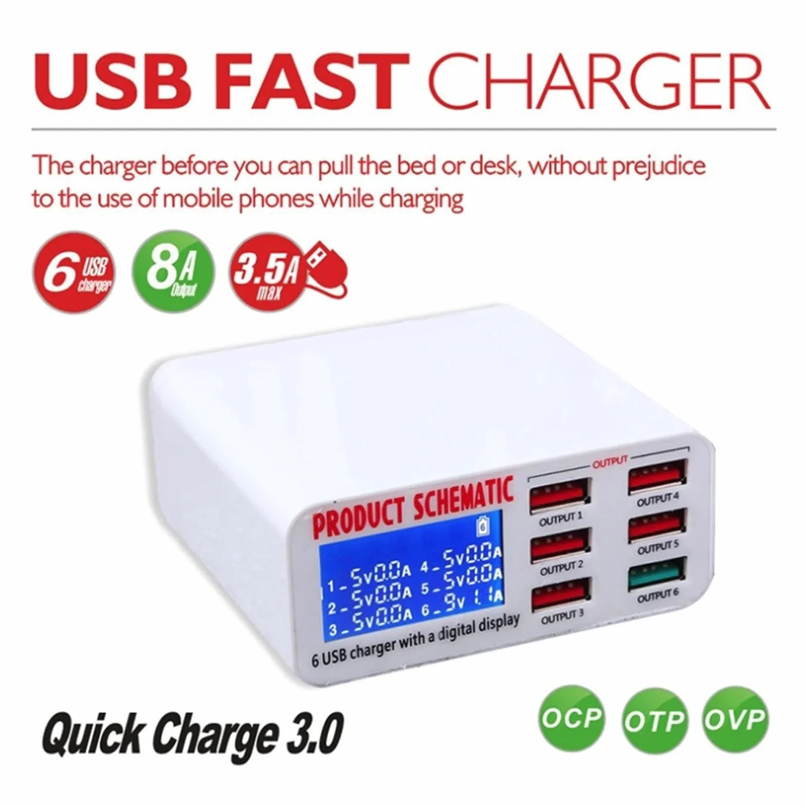 6-portowa Ładowarka USB HUB Szybka Wieloportowa Stacja Ładująca Wyświetlacz LED Do Smartfonów MożLiwość Szybkiego łAdowania