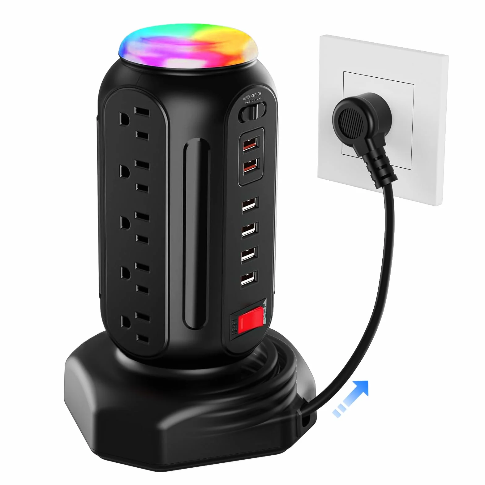 Wieża zasilająca z kolorową lampką nocną, 15 gniazd, 6 portów USB, ochrona przeciwprzepięciowa z szybką ładowarką USB i przedłużaczem o długości 6,5 m, ochrona przed przepięciami