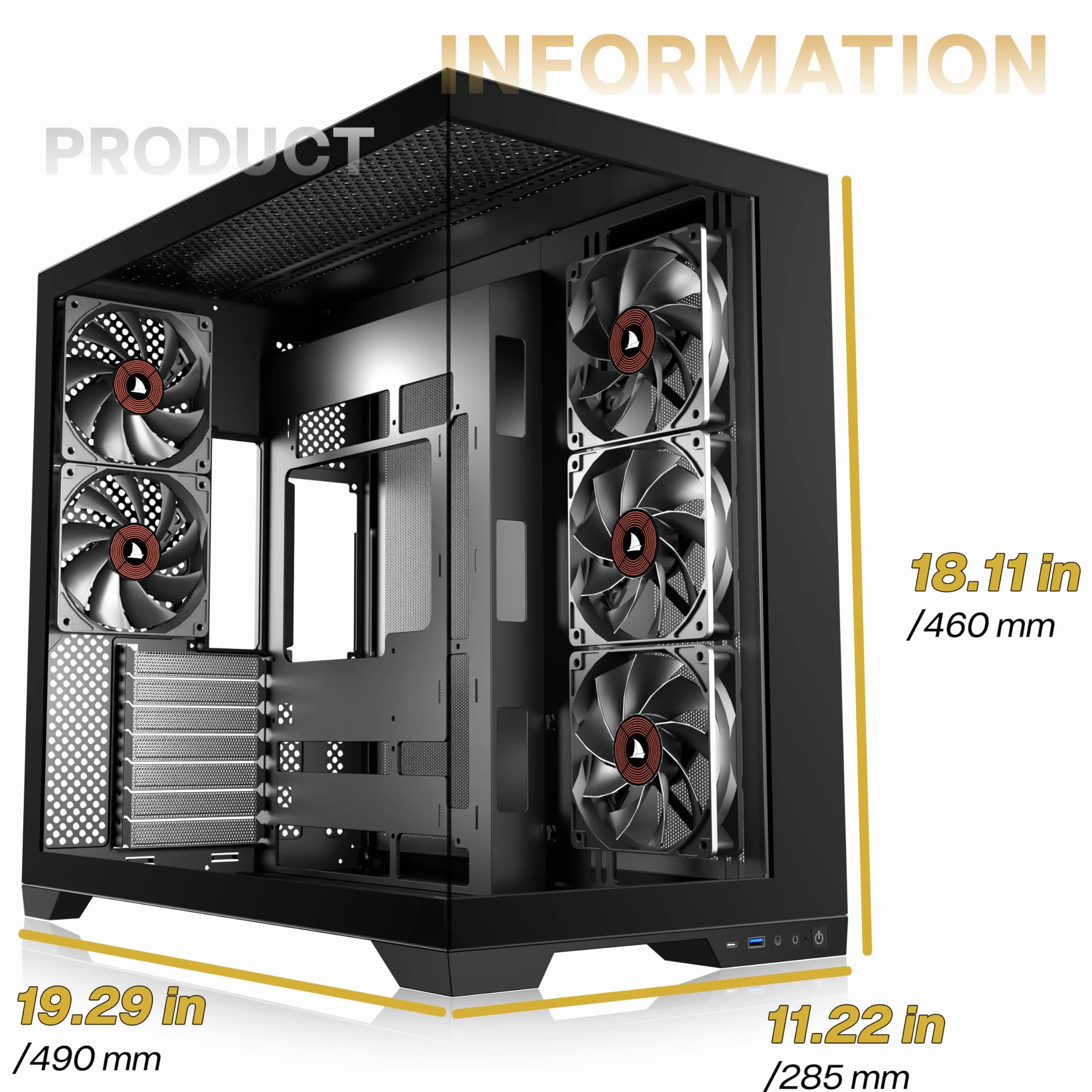 KEDIERS Obudowa PC, 5 fabrycznie zainstalowanych wentylatorów, obudowa do gier ATX Mid Tower - obudowa komputera z otwartą częścią boczną ze szkła hartowanego w kolorze czarnym