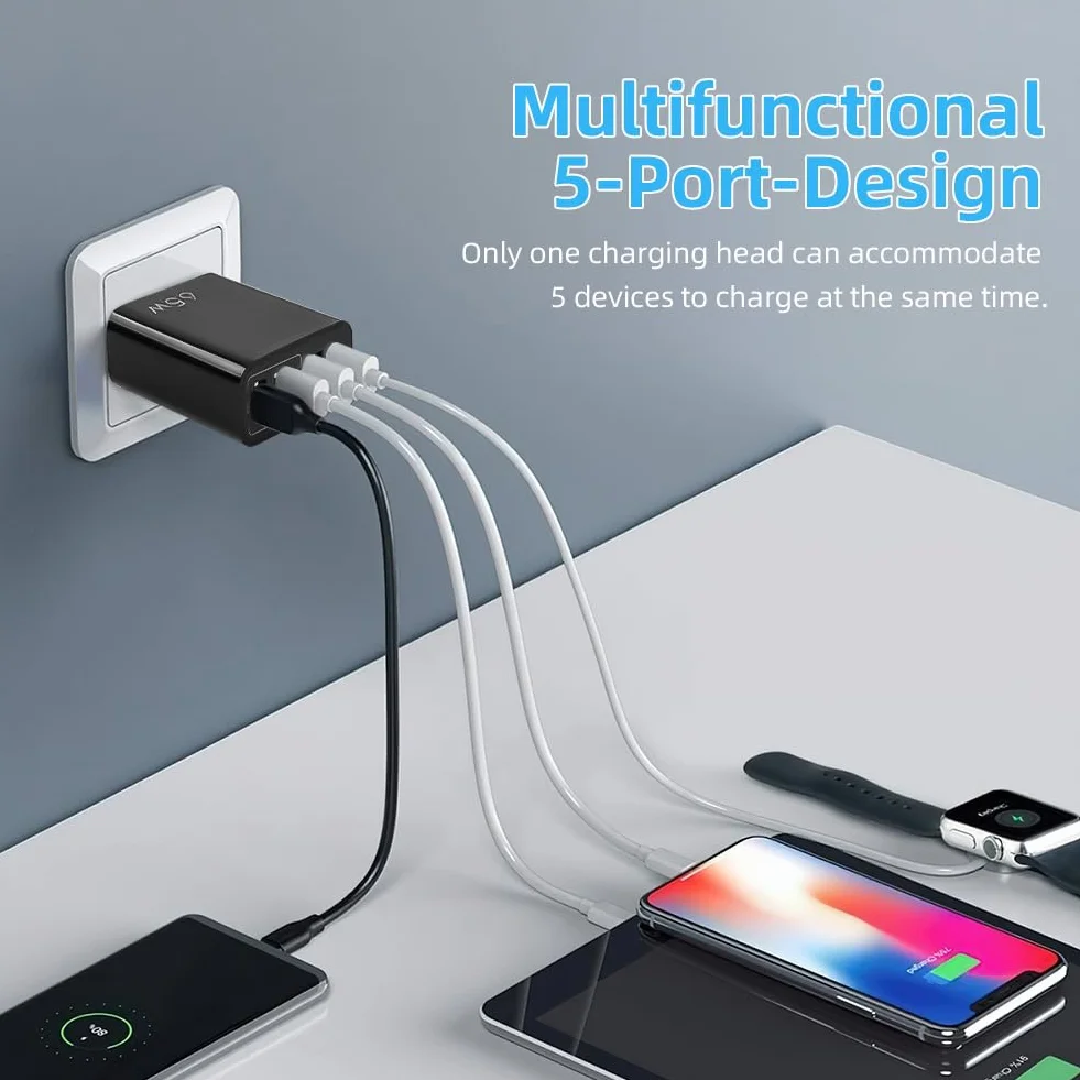 AXFEE szybka ładowarka USB C 65 W 5-portowa 2 USB C 2 USB QC 3.0 czarny