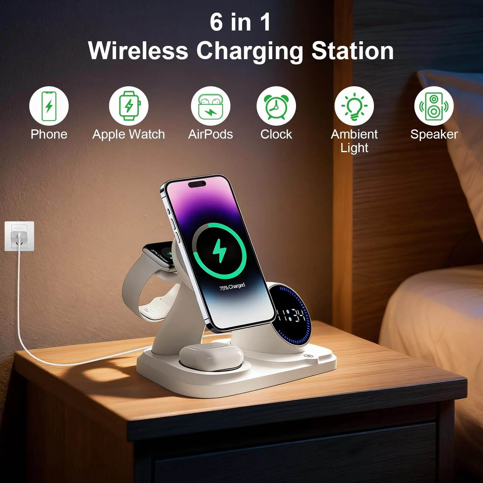 6 w 1 bezprzewodowa ładowarka do iPhone'a z głośnikiem Bluetooth, stacja szybkiego ładowania do iPhone'a 17/16/15/14/13/12/11/Pro/Max/Plus, do Apple Watch i AirPods