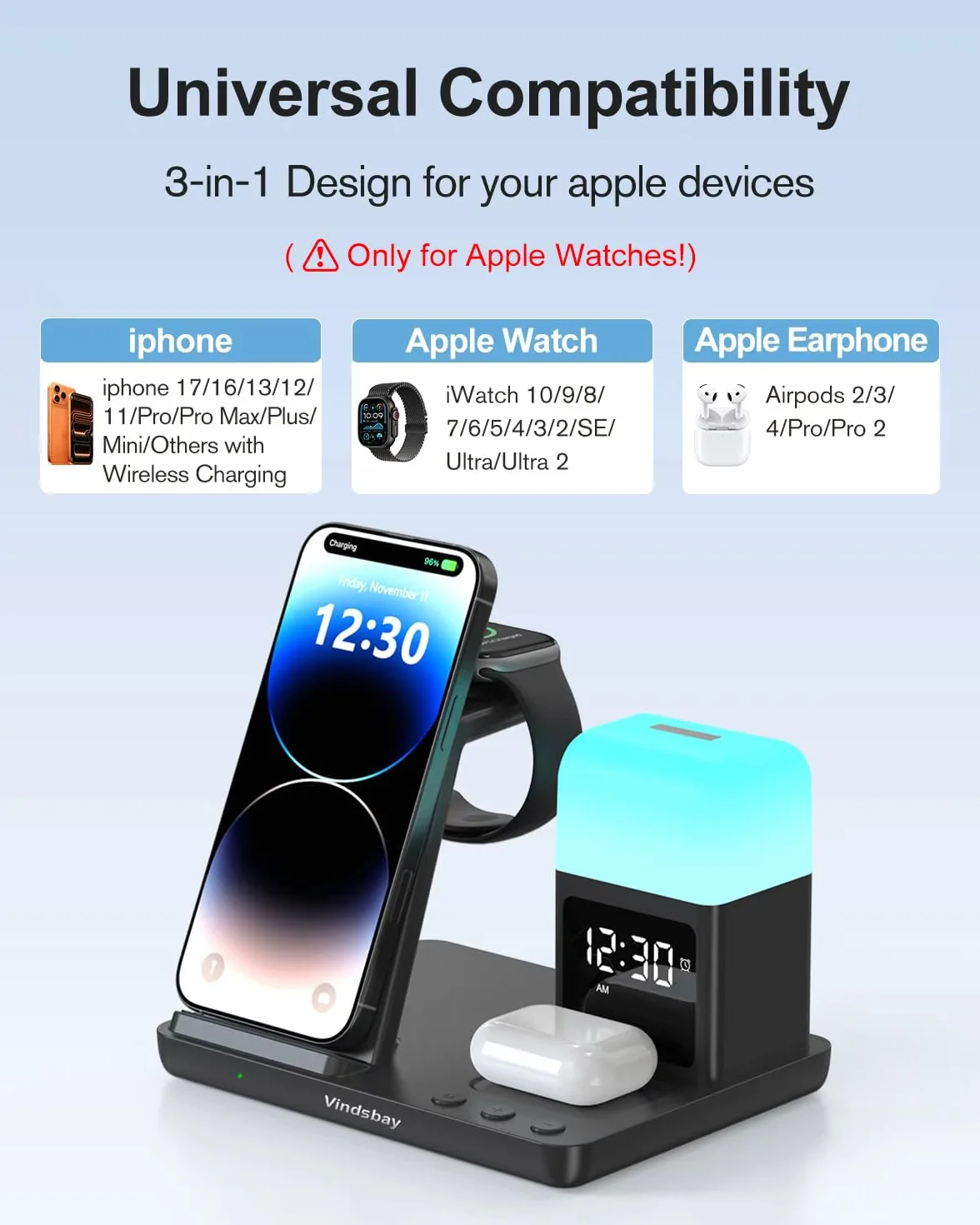 Bezprzewodowa stacja ładująca budzik z 8 dotykowymi lampkami nocnymi: bezprzewodowa ładowarka 5 w 1 do urządzeń Apple - stacja ładująca do iPhone'a 17 16 15 14 13 12 Pro Max Plus/Apple Watch/AirPods
