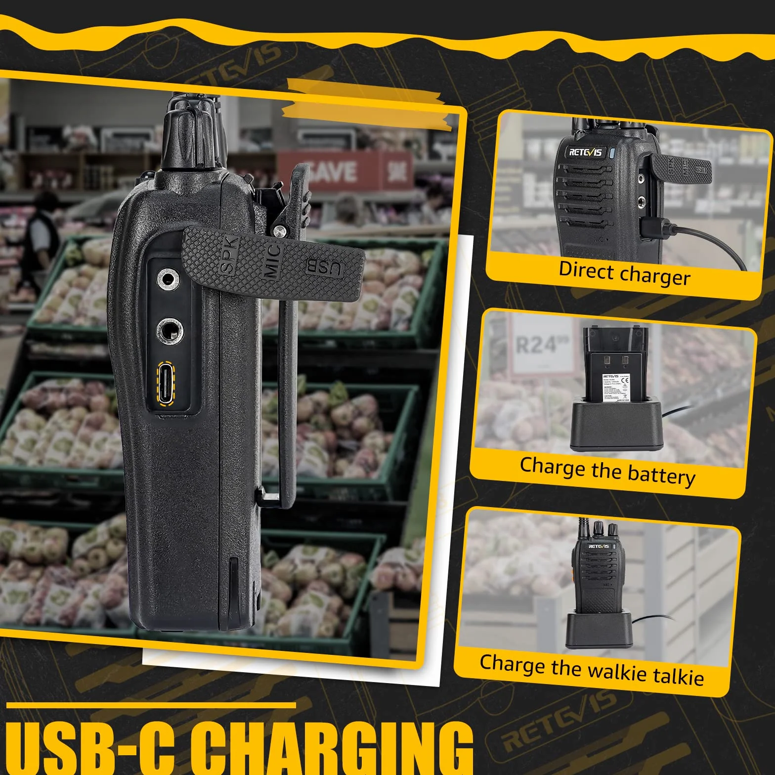 Retevis RB668 Walkie Talkie, Profesjonalne Krótkofalówka Akumulatorem 1200 mAh, Alarm Awaryjny PMR446, Blokada Szumów Latarki LED, Walkie-Talkie bez Użycia Rąk dla Dorosłych (Czarny, 5 Szt.)