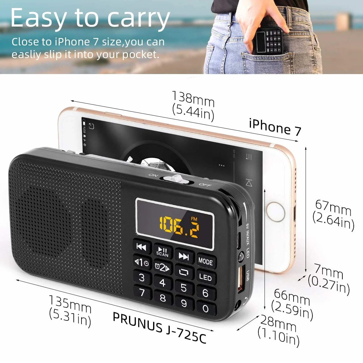 PRUNUS Przenośne radio J-725, stacja radiowa z akumulatorem o dużej pojemności (3000 mAh), małe radio FM z zegarem/alarmem i oświetleniem awaryjnym, obsługa MP3/SD/USB/AUX