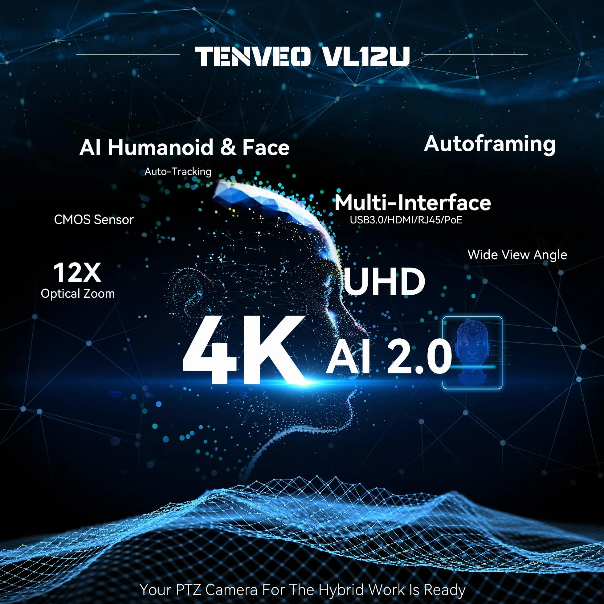 Tenveo 4K PTZ Kamera Do Transmisji Strumieniowej HDMI/USB3.0/PoE/RJ45 Konferencyjna z 12-Krotnym Zoomem Optycznym - Szeroki Kąt Widzenia dla YouTube/OBS, Skype/Zoom