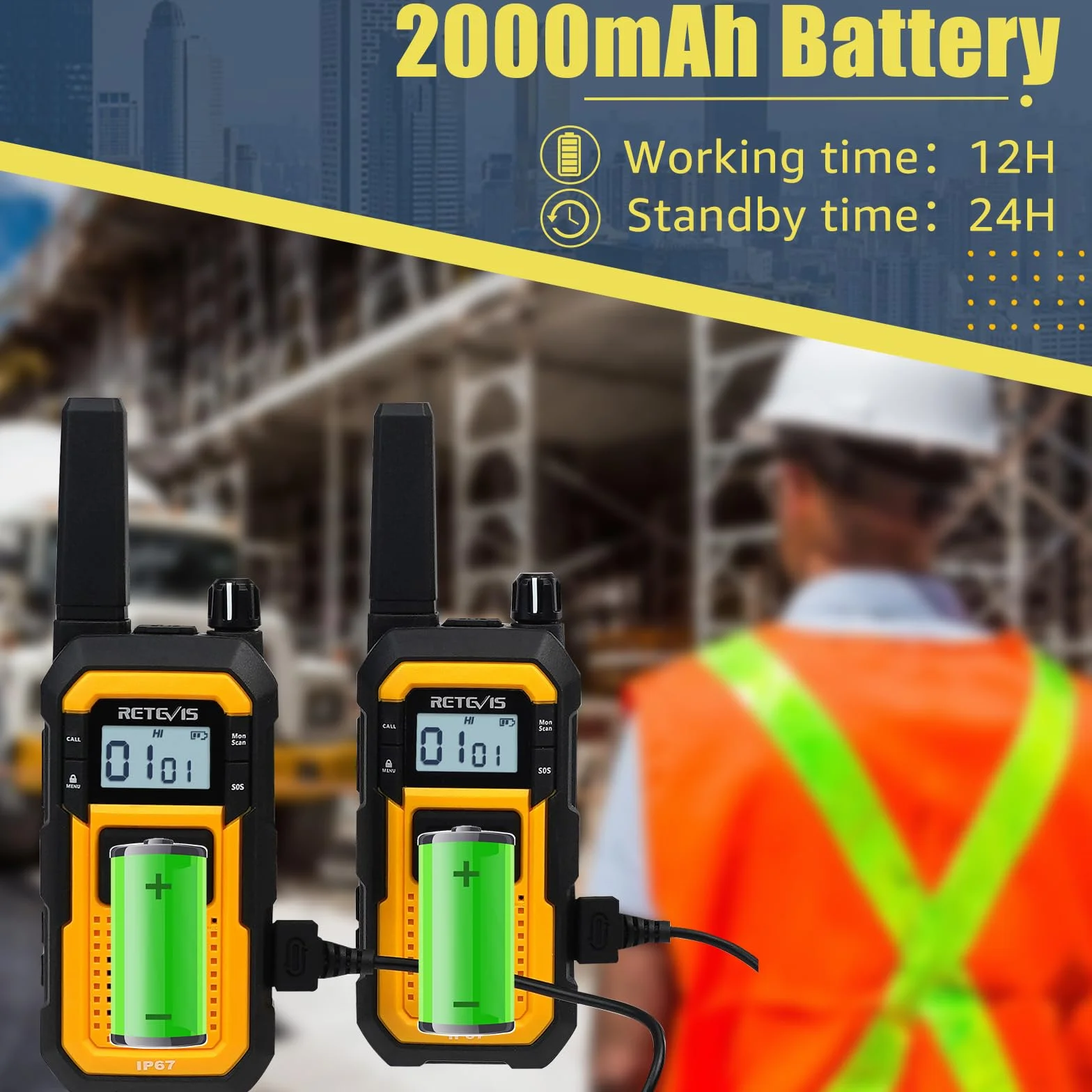 Retevis RB648 Walkie Talkies Wodoodporne, Wytrzymałe Walkie Talkies Przemysłowe, IP67 VOX, SOS 2000mAh Akumulatorowe Krótkofalówka ze Słuchawką na Plac Budowy, Bezpieczeństwo (2 Szt., Żółty)