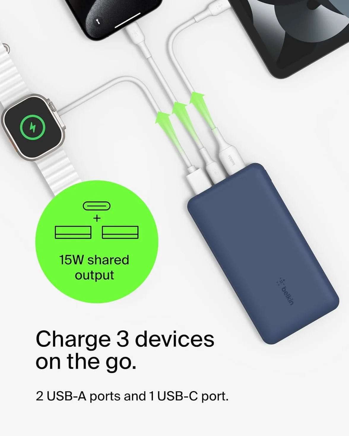 Belkin BoostCharge Przenośny powerbank USB-C 10K z 1 portem USB-C, 2 portami USB-A i kablem USB-A – USB-C, do urządzeń iPhone 15, 15 Plus, 15 Pro, 15 Pro Max, Samsung Galaxy S24 i innych – Niebieski