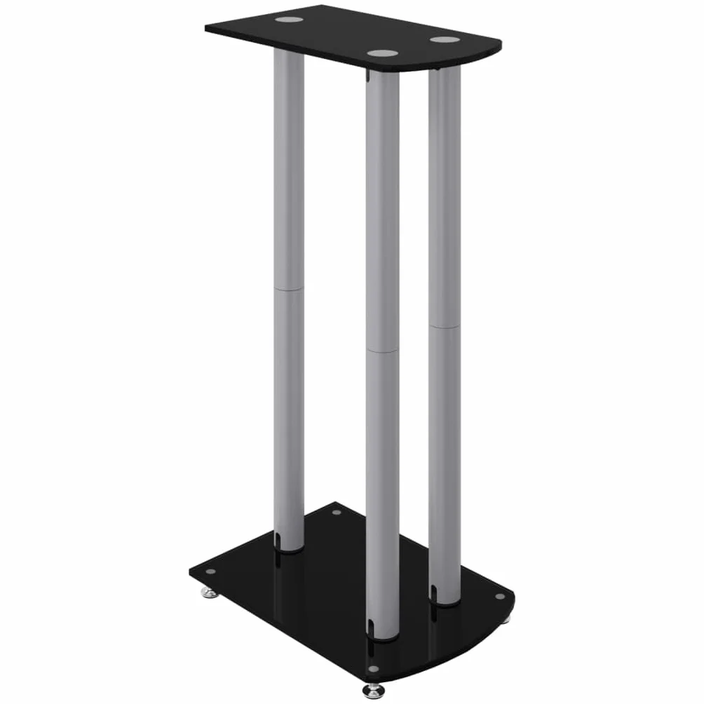 Stojak na głośniki 2 sztuki, czarny, srebrny, z hartowanego szkła z aluminiowymi kolumnami, wysokość 75 cm, antypoślizgowy, z systemem zarządzania kablami, do kina domowego, salonu, studia