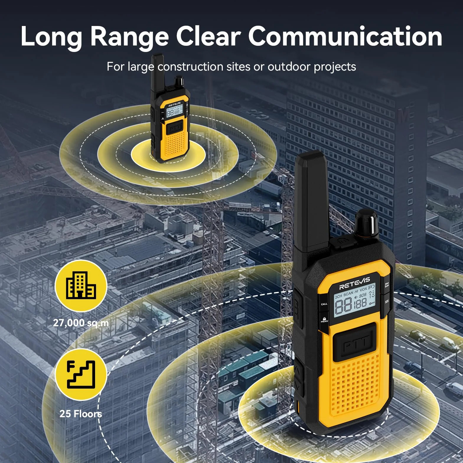 Retevis RB648 Walkie Talkies for Adults, Wodoodporne Krótkofalówki IP67, 2000 mAh, Podwójny PTT, Heavy Duty, SOS Vibration Professional, Wyposażony w ładowarkę 10-portową (10 Szt, Żółty)