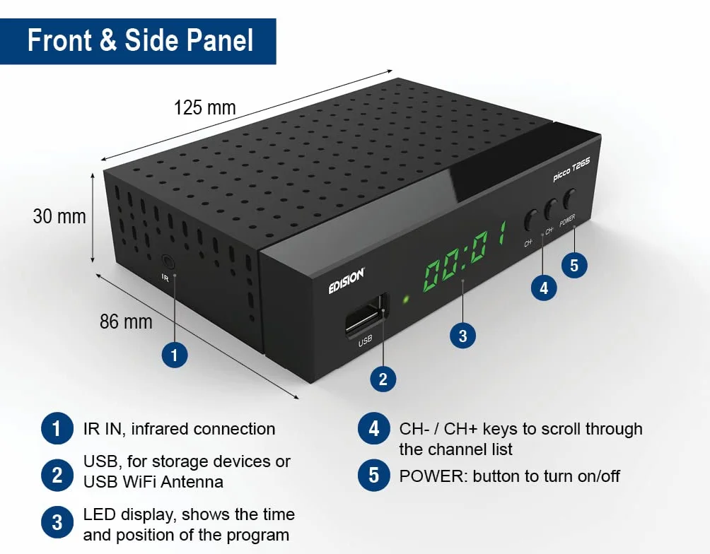 Dekoder dvb-t2 hevc EDISION PICCO T265 naziemnej Odbiornik, DVB-T2 H.265, FTA, Full HD, PVR, USB, HDMI, SCART, S/PDIF, IR, Obsługa USB WiFi, Uniwersalny pilot 2w1