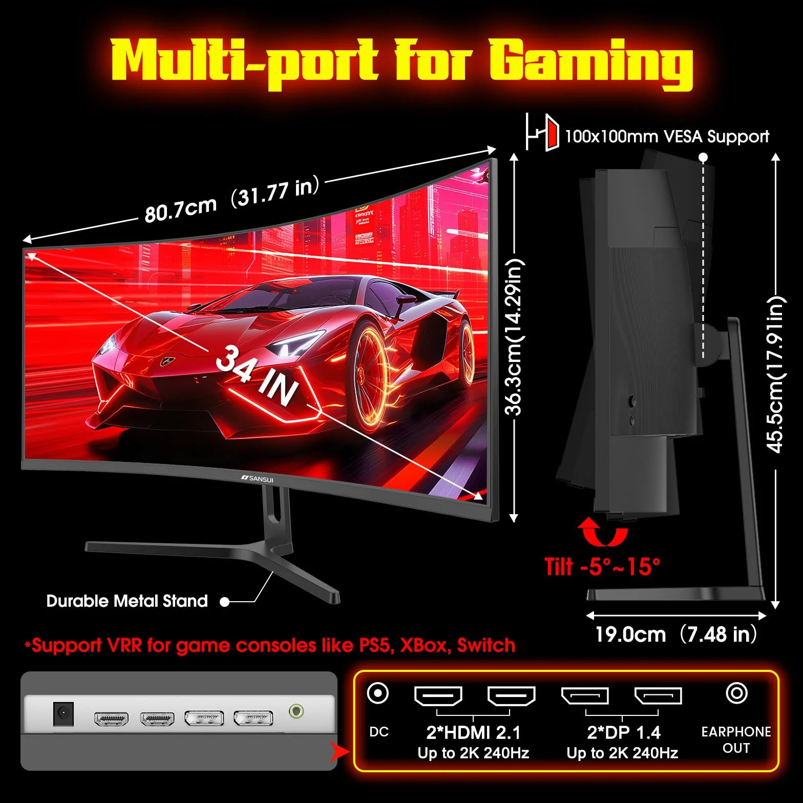 SANSUI Monitor do gier UltraWide UWQHD 3440 x 1440P 240 Hz, zakrzywiony monitor 21:9 2K 1500R, Fast VA, PIP/PBP, AI Crosshair, AIPQ (Visual Enhance), MPRT 1 ms, HDR, HDMI2.1*2, DP1.4 x 2 (oraz oraz
