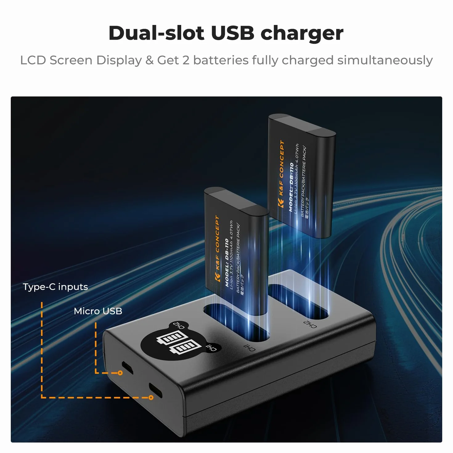 Zestaw 2 baterii K&F CONCEPT Ricoh DB-110 o pojemności 1100 mAh z ładowarką LCD z dwoma gniazdami, kompatybilny z Ricoh GR III, GR IIIx, Theta X, WG-6, G900 II, G900SE II, kompatybilny z Olympus TG7/6