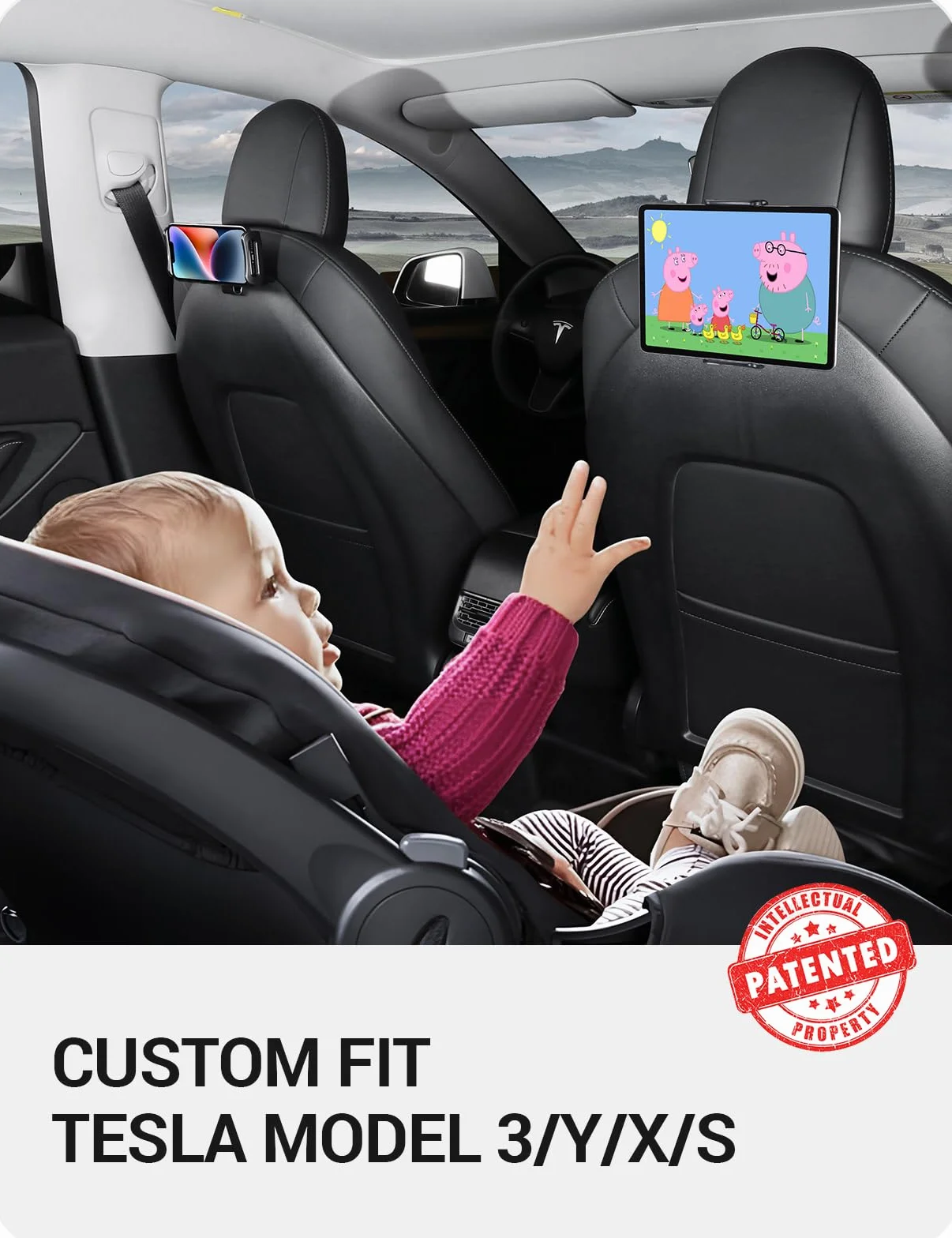 BASENOR 2017-2026 Tesla Model Y Model 3 Model S Model X LR/Plaid Uchwyt na tablet Zag?ówek Uchwyt Tabletu, Regulowany Obrót 360° Tesla Samochodowy Zag?ówek Stojak Cradle Akcesoria
