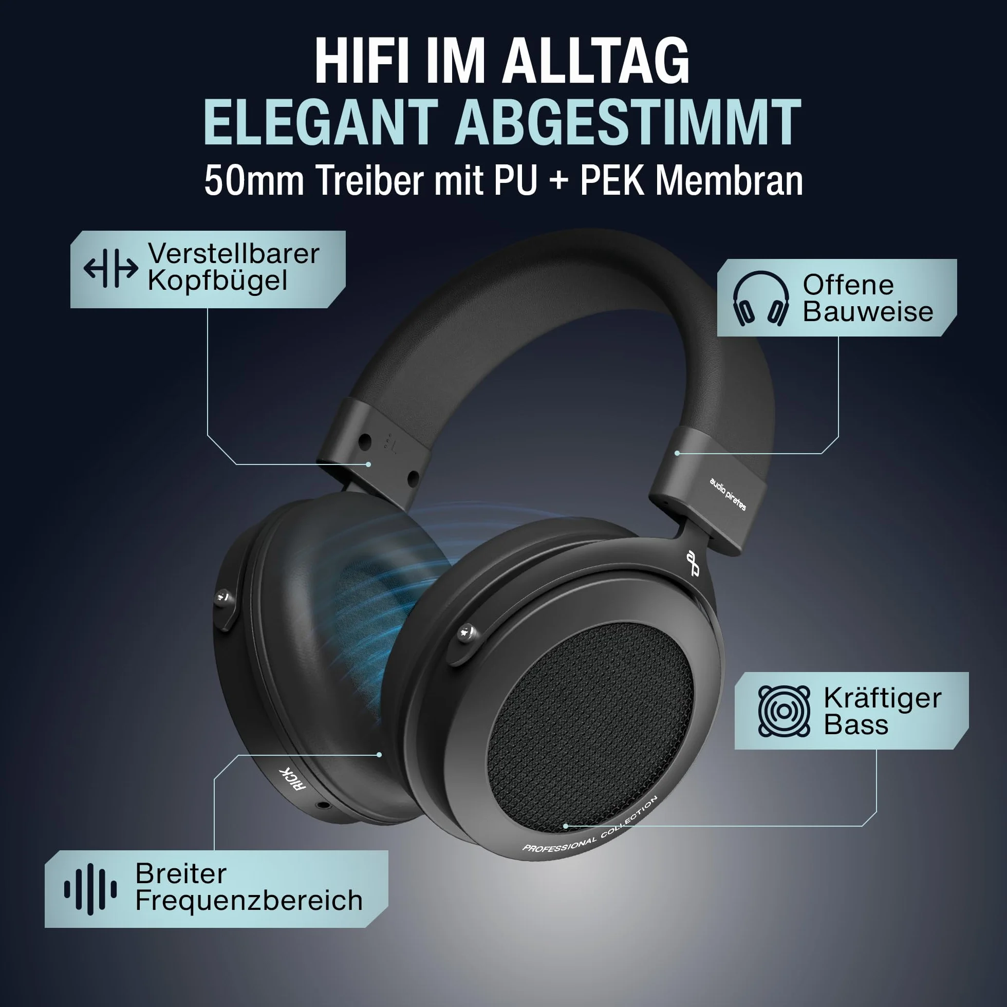 audio pirates Rick Professional nauszne słuchawki studyjne – wtyczka jack z etui, dźwięk HiFi, kabel 3 m i adapter 6,3 mm – słuchawki studyjne, słuchawki Hi-Fi, wtyczka jack (1)