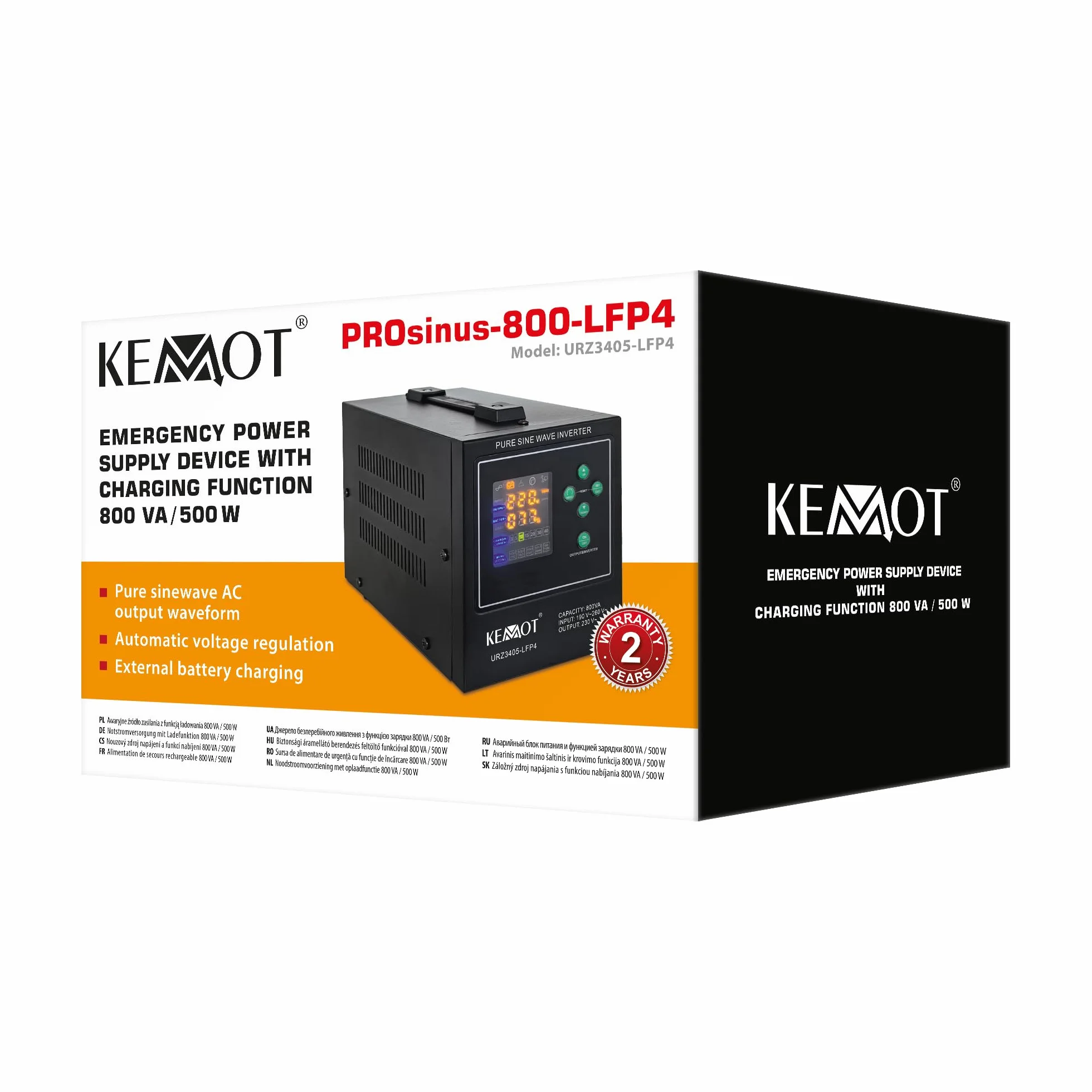KEMOT Zasilacz Awaryjny PROsinus-800-LFP4 Przetwornica z Czystym Przebiegiem Sinusoidalnym i Funkcją Ładowania 12V 230V 800VA/500W