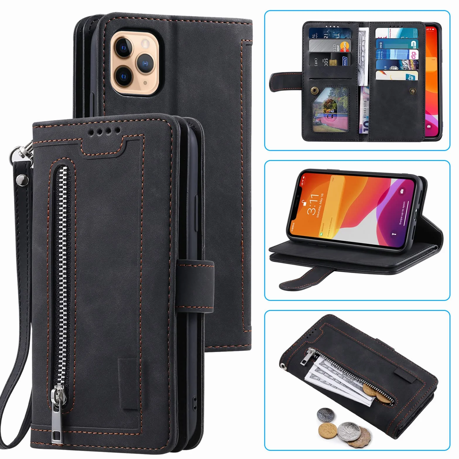 Etui do iPhone 14/14 Pro/14 Plus/14 Pro Max, skórzane etui na telefon komórkowy, portmonetka ochronna, portfel z 9 przegródkami na karty, etui z klapką, odporne na uderzenia, czarne, 35,5 cm (6,1")