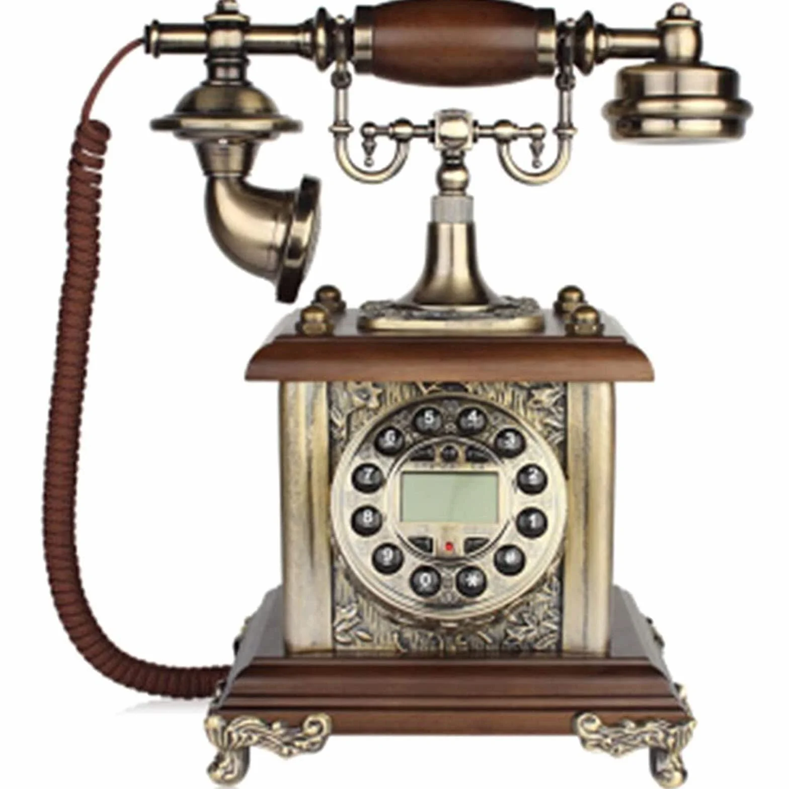 Przewodowy telefon stacjonarny w stylu retro – klasyczny vintage staromodny stół biurkowy w stylu obrotowym biuro domowe biuro spiralny przewód słuchawka z wybieraniem przycisków, standardowy telefon