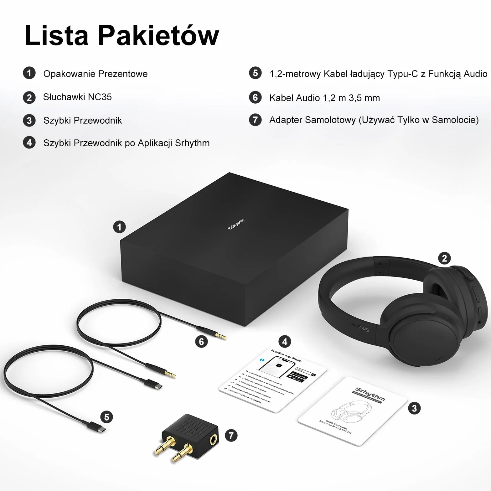 Srhythm NiceComfort 35 (2. Generacja) Hybrydowe słuchawki z redukcją szumów, bezprzewodowa technologia Bluetooth 6.0, 5 mikrofonów z funkcją ENC, przezroczystość, czas odtwarzania 140 godzin