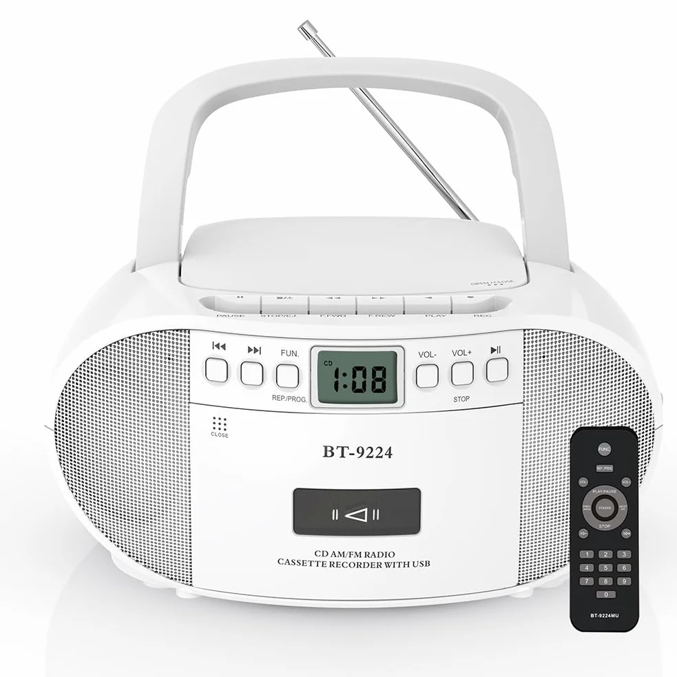 Przenośny radiowy odtwarzacz CD, głośnik Bluetooth z odtwarzaniem USB, Boombox AM/FM, pilot zdalnego sterowania, zasilany prądem zmiennym / bateryjnym