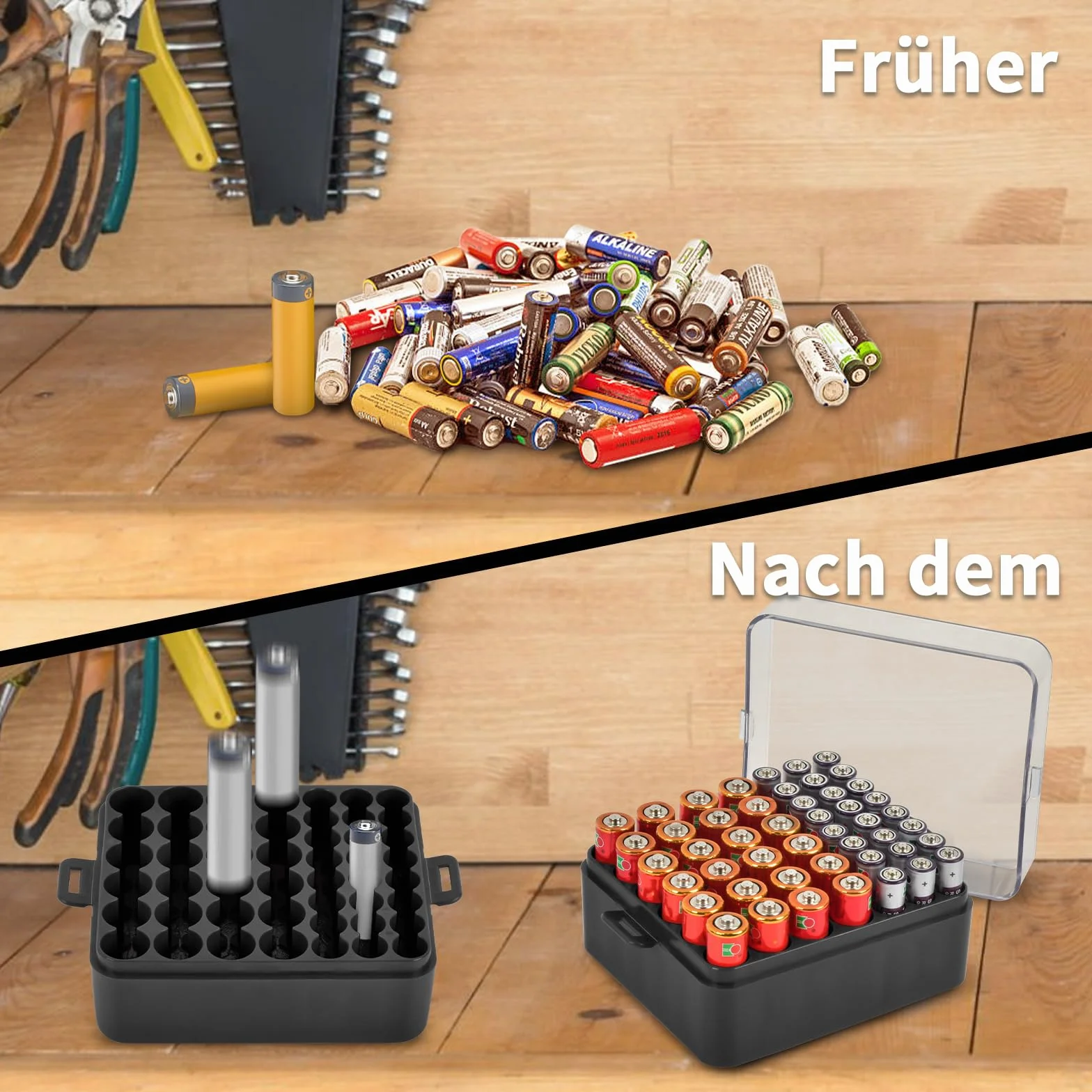 Organizer na baterie, pojemnik na 48 szt. baterii AA AAA, plastikowy, przezroczysty, ochronny uchwyt na baterie do podróży, domu, biura, czarny, rozmiar M