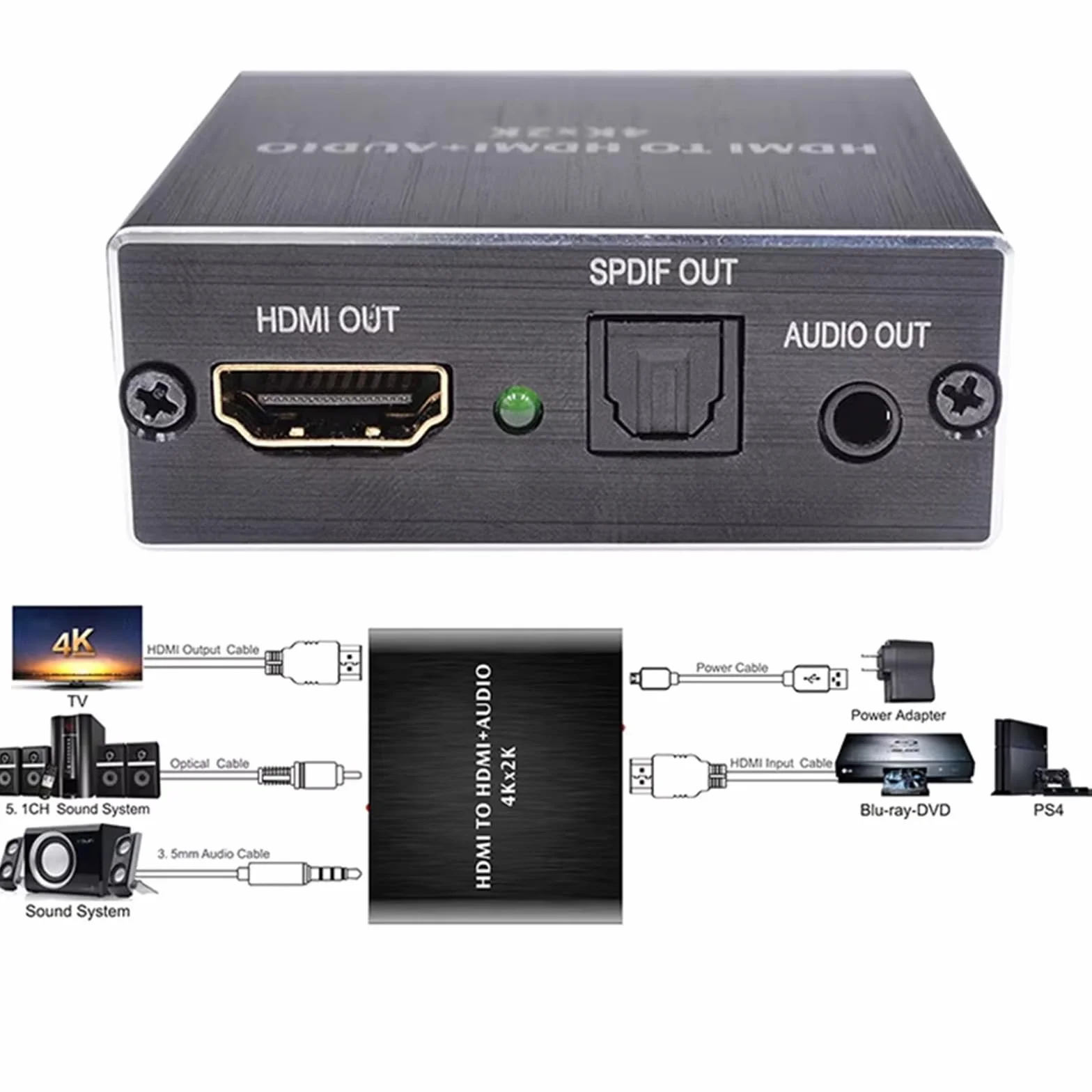 Konwerter HDMI Audio Extractor, konwerter audio, 4Kx2K, Optical Toslink SDPIF, gniazdo audio 3,5 mm, adapter rozdzielacza optycznego Hdmi, do PS5 i innych urządzeń