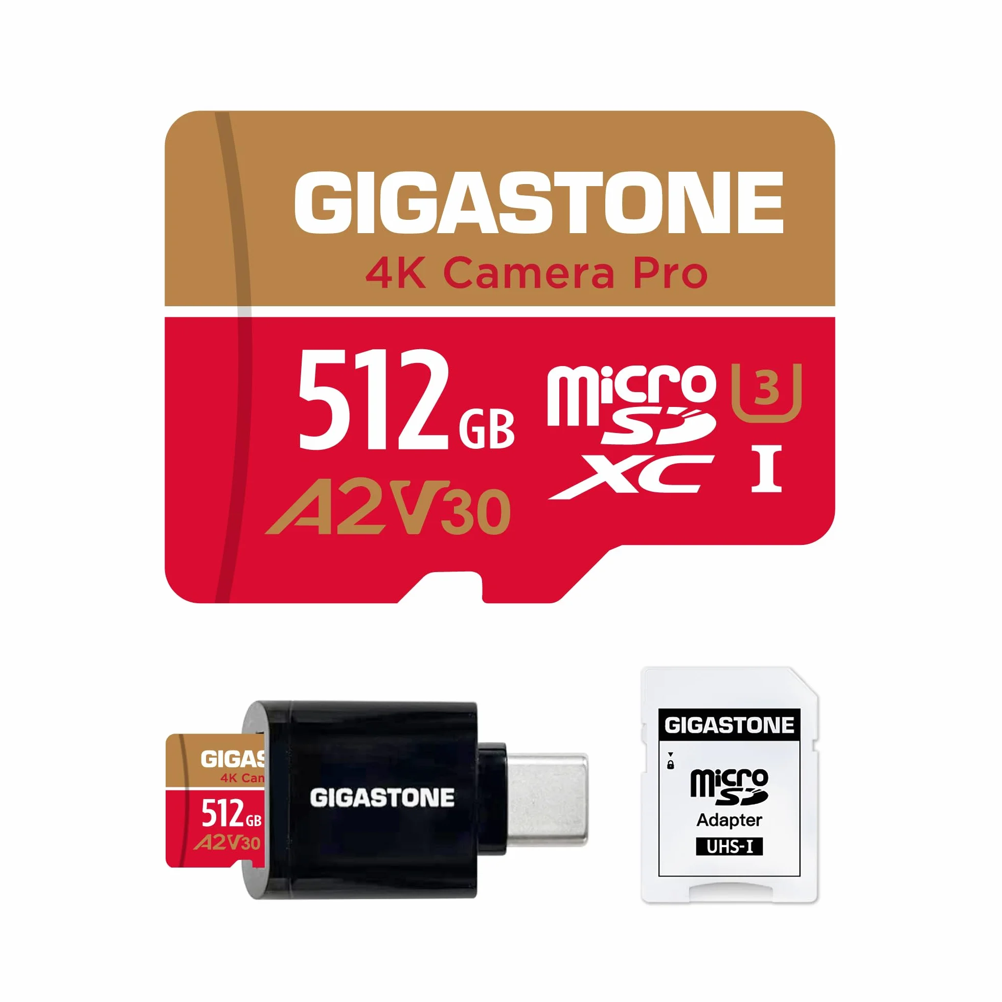 5-letnia bezpłatna odzyskiwanie danych: Gigastone karta micro SD 512 GB, kamera 4K Pro, A2 V30 UHS-I U3 C10, do 150/120 MB/s, do smartfona, GoPro, kamery akcji, wideo 4K UHD, z adapterem i czytnikiem