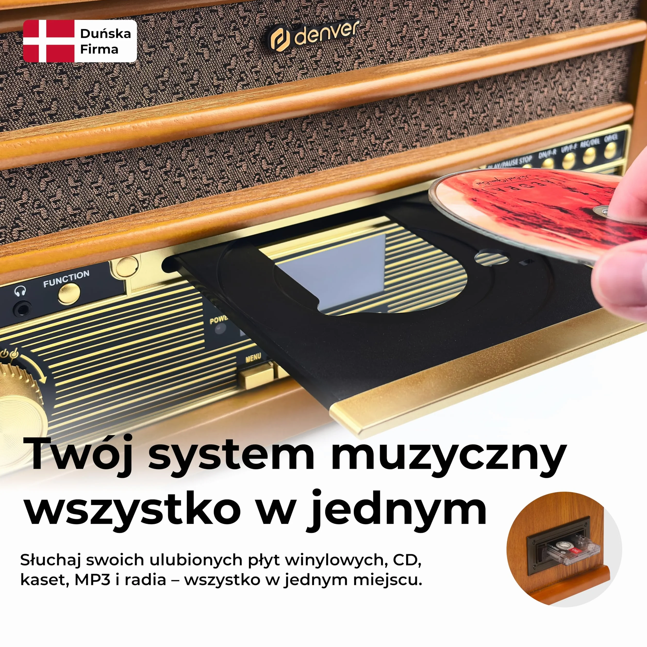 Denver MRD-51 DAB+, radio FM/AM z odtwarzaczem CD, kasetowym i gramofonem, wygląd drewna