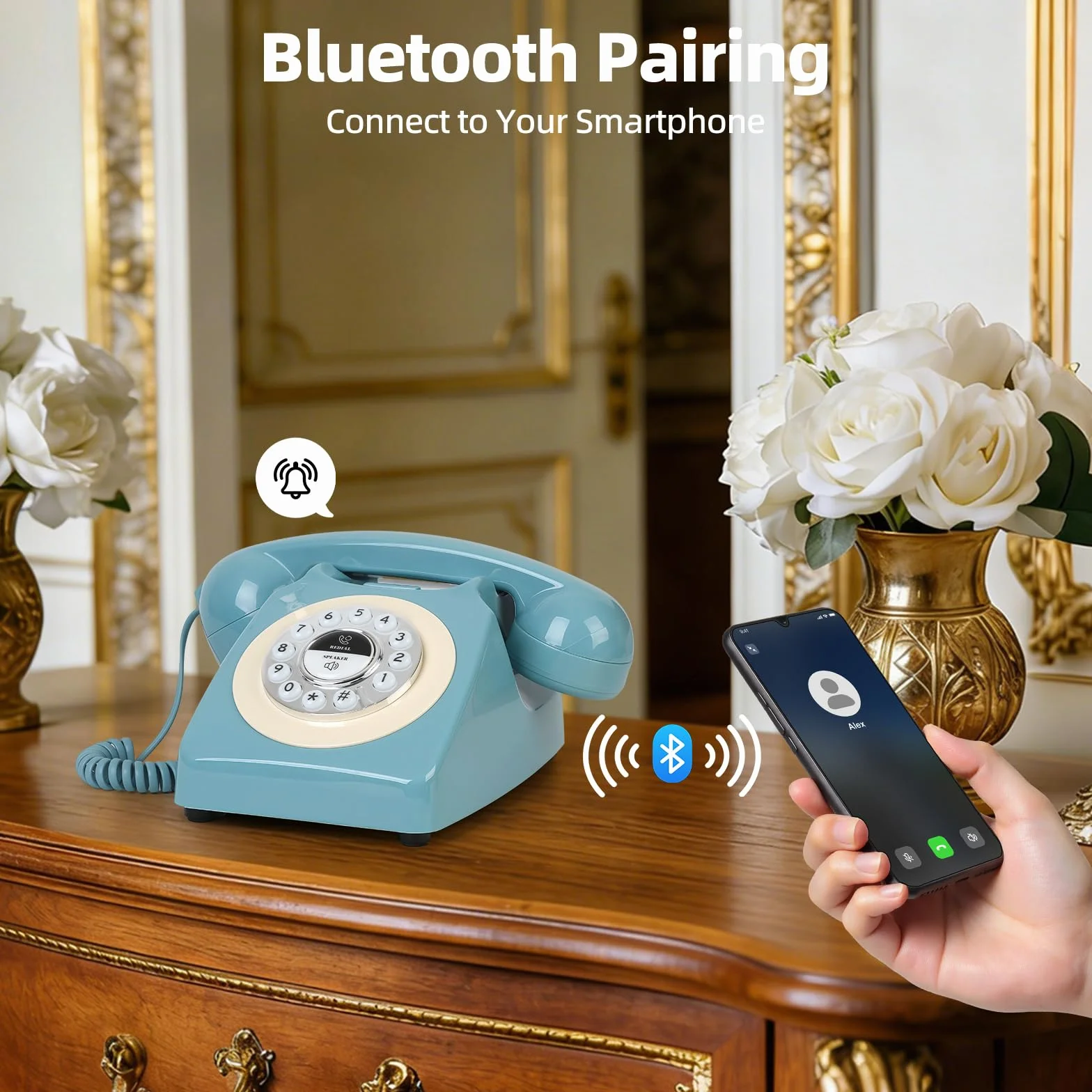 Telefon stacjonarny Bluetooth w stylu retro, niebieski z połowy wieku, z klasyczną słuchawką, głośne dzwonki vintage, Bluetooth łączy się ze smartfonem, uroczy telefon w stylu retro do sypialni, domu