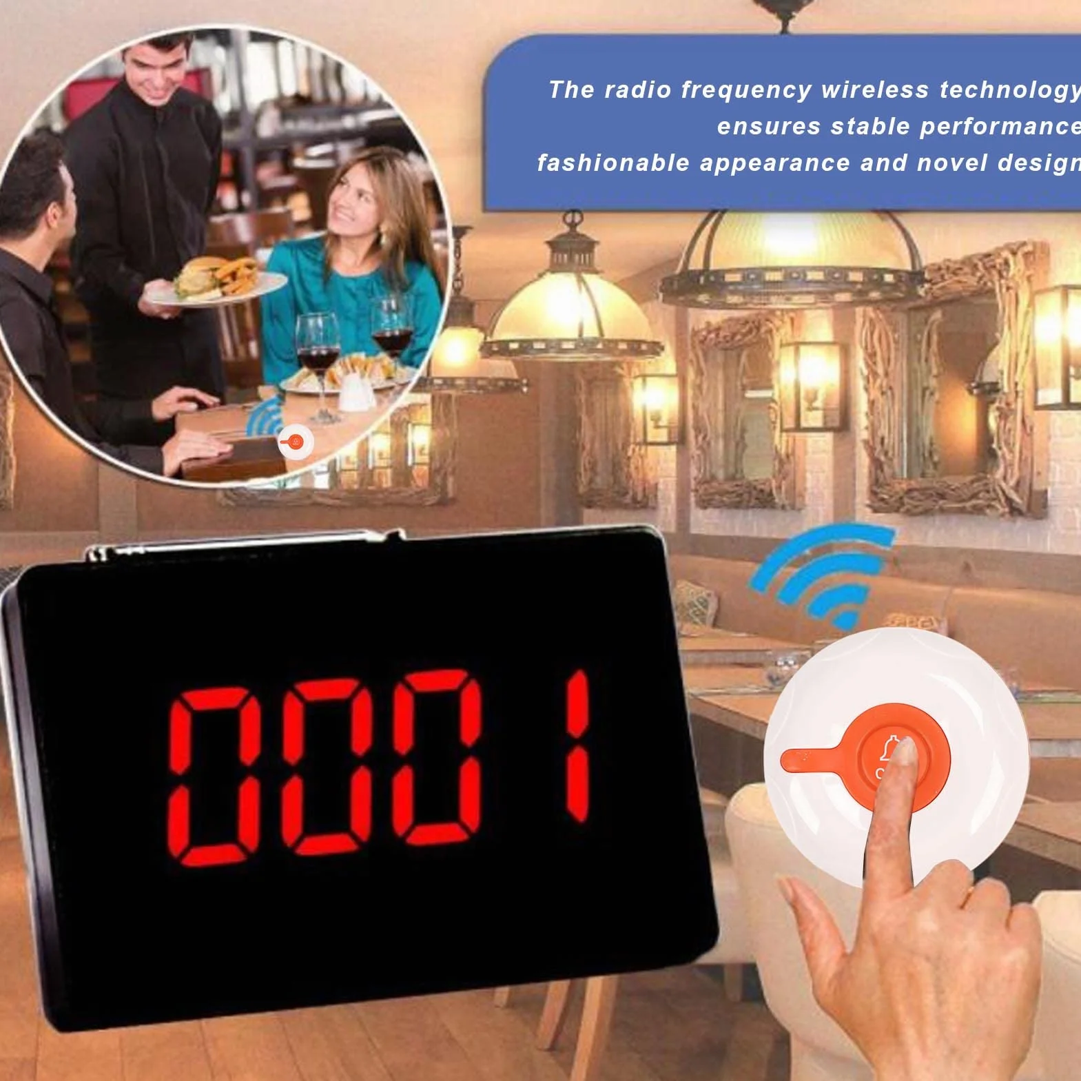 Bezprzewodowy system przywoławczy, system przywoławczy w kolejce do restauracji z 20 szt. wodoodpornych przycisków wywołania Bezprzewodowy system przywoławczy dla pizzerii, kościołów i sklepów samocho