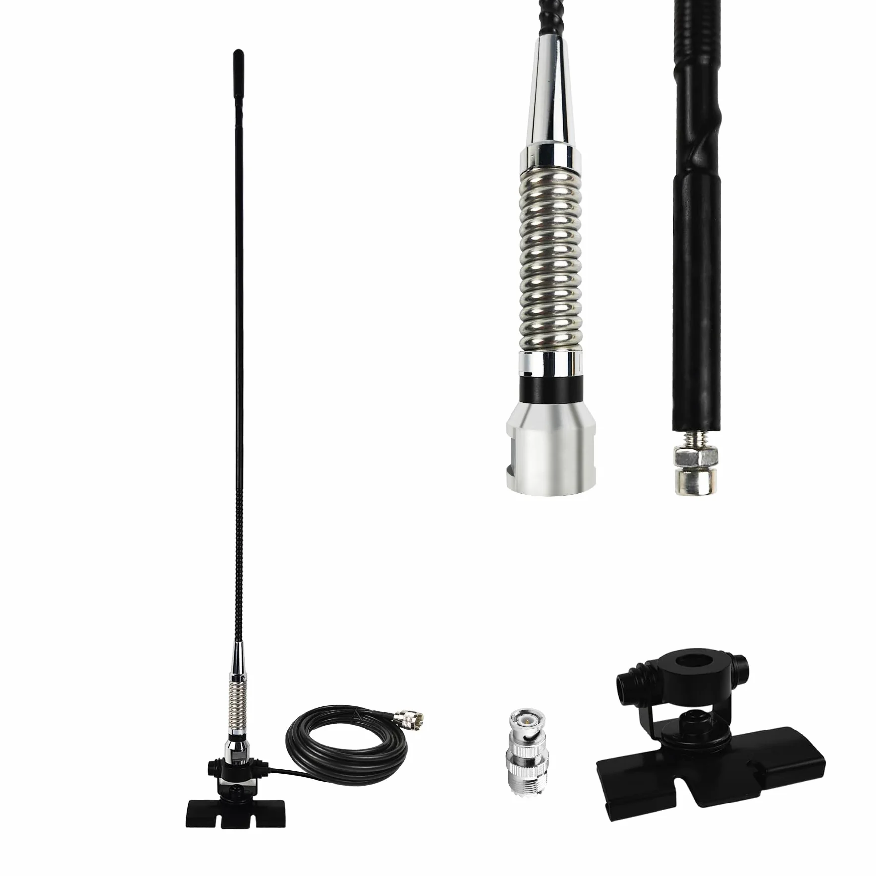 Zestaw anteny radiowej CB 27 MHz z podstawą do montażu na klips, kabel RG-58 o długości 4 m i złączem PL-259 BNC – mobilna antena biczowa dalekiego zasięgu do samochodów osobowych, pickupów