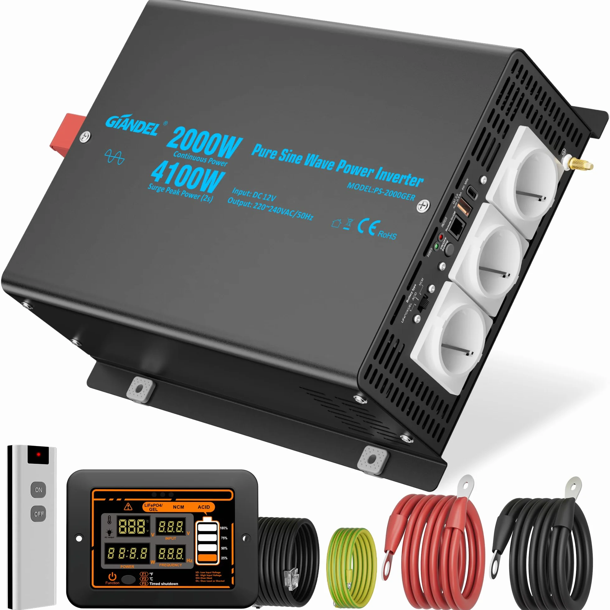 GIANDEL Falownik 2000 W, 12 V na 230 V, czysty falownik sinusoidalny, moc szczytowa, 4100 W, przetwornica napięcia, inwerter z pilotem LCD, regulowane napięcie wejściowe do urządzeń gospodarstwa
