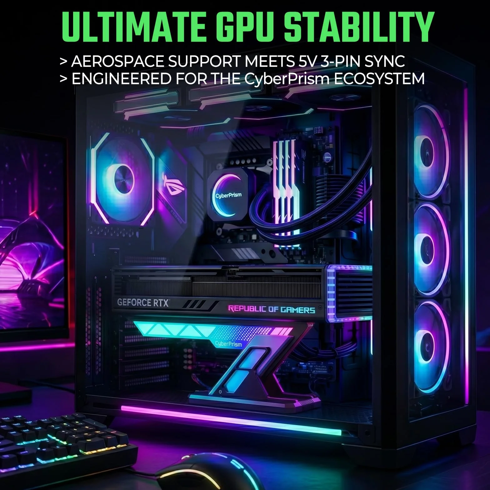ARGB Wspornik GPU, 75-125mm Uchwyt Karty Graficznej | Anti-sag dla GPU triple-slot, aluminiowa kolumna, magnetyczna podstawa, ARGB 5V 3-pin, kompatybilny z RTX 4090/5090