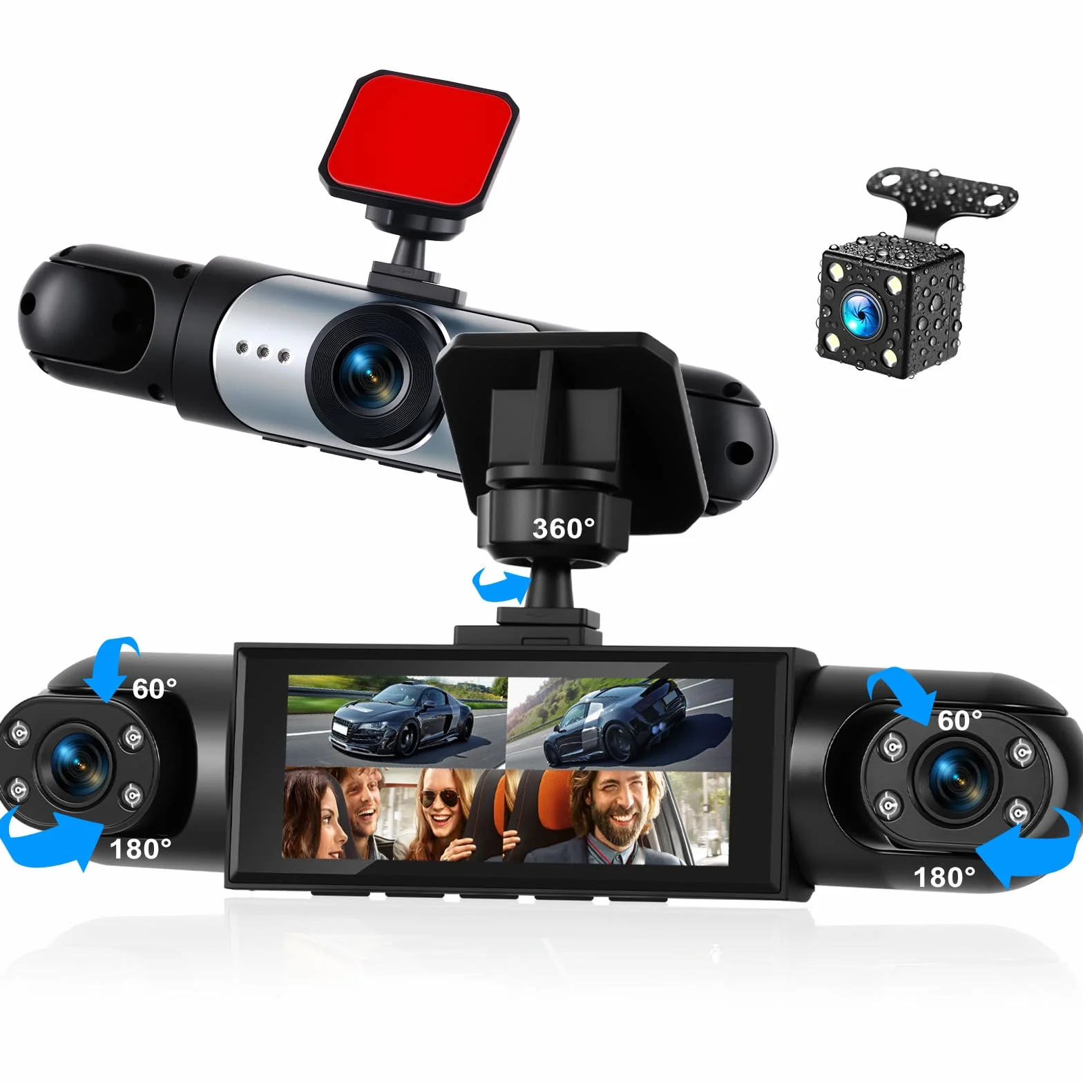 CAMECHO 4-kanałowa tabliczka rejestracyjna 1080P z nagrywaniem z przodu lewej prawej i tylnej kamery GPS obrotny ekran 3,16″ pętla nocna wykrywanie ruchu