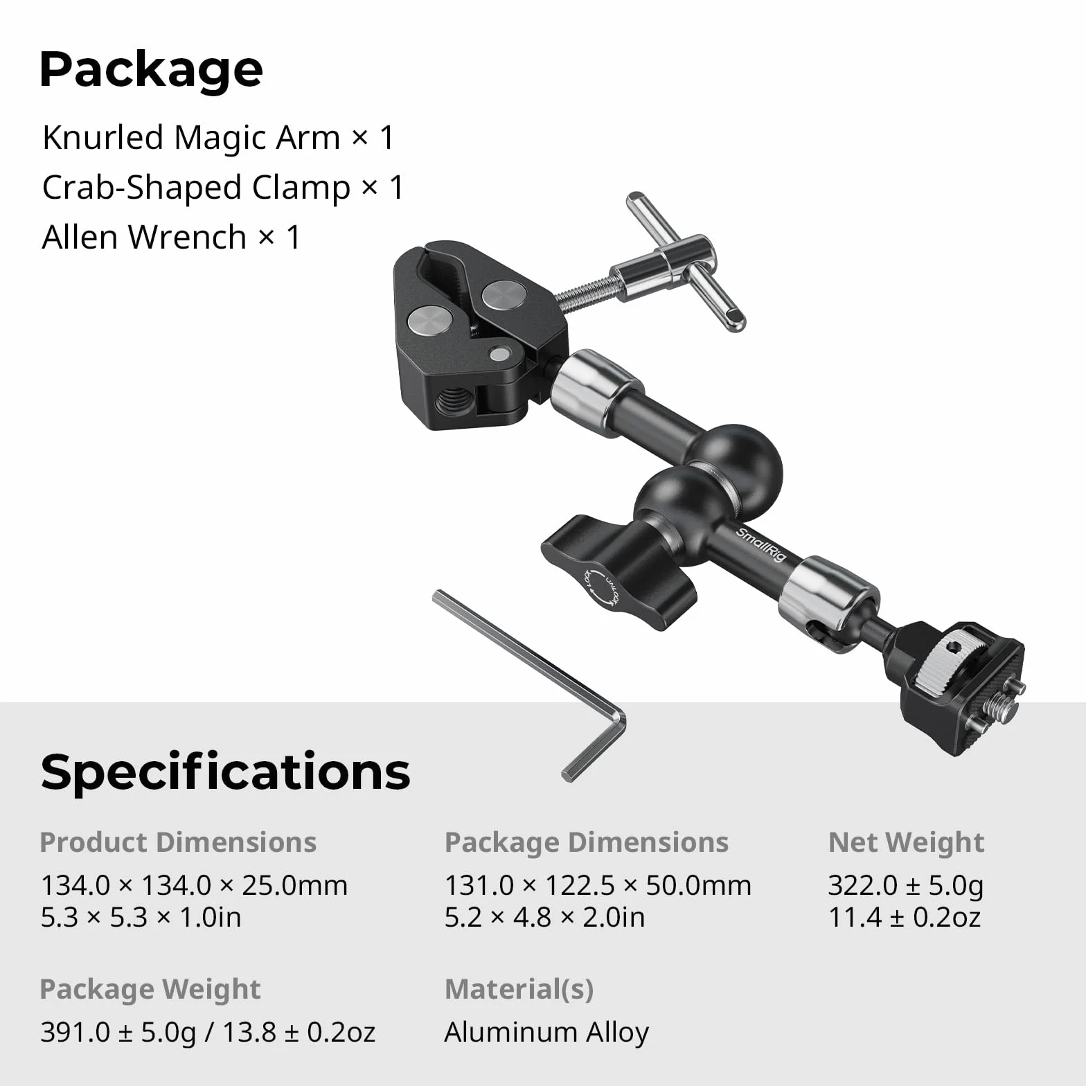 SMALLRIG Ramię Magic Arm 7 cali z zaciskiem w kształcie kraba, ramię ze śrubą 1/4"-20 i chowanymi bolcami, do kamer sportowych, monitorów, lamp wideo i mikrofonów - 5310