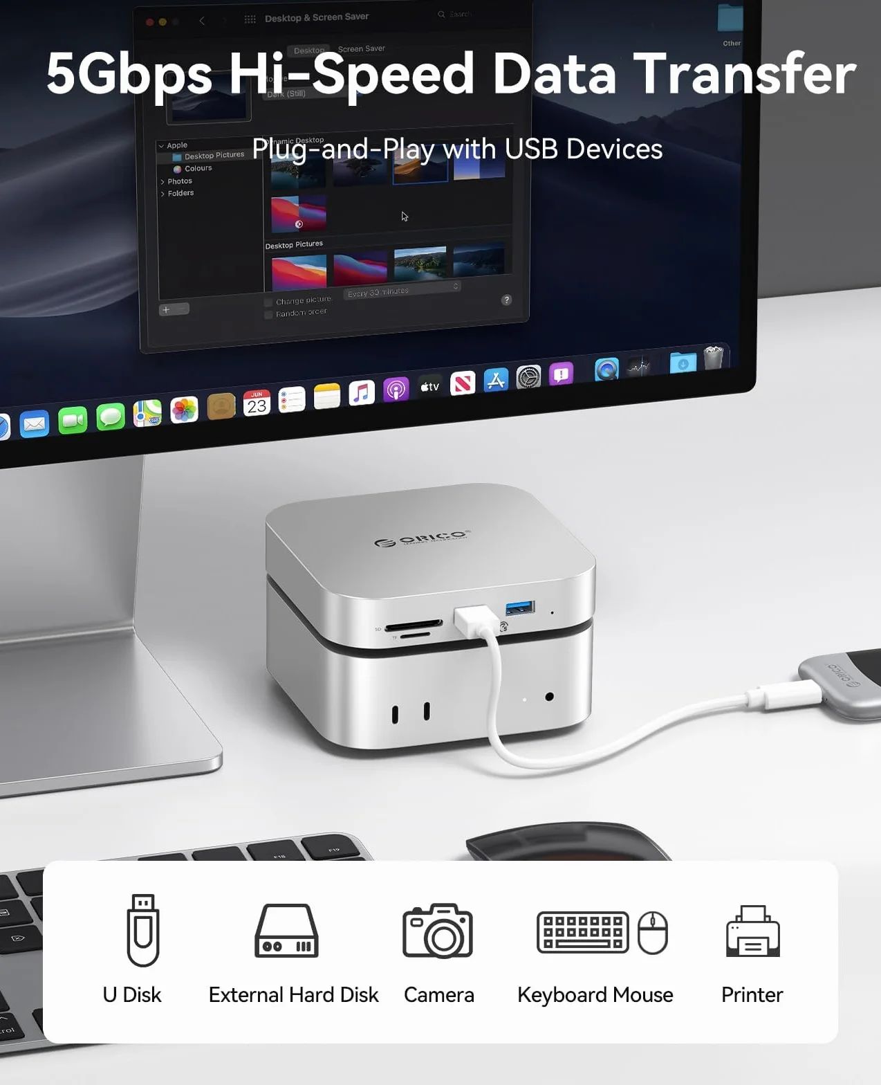 ORICO MiniLink Mac mini M4 Hub, port USB 3.0 5 Gb/s, czytnik kart SD 3.0/TF 3.0, gniazdo słuchawkowe 3,5 mm i gniazdo mikrofonowe (M48P)