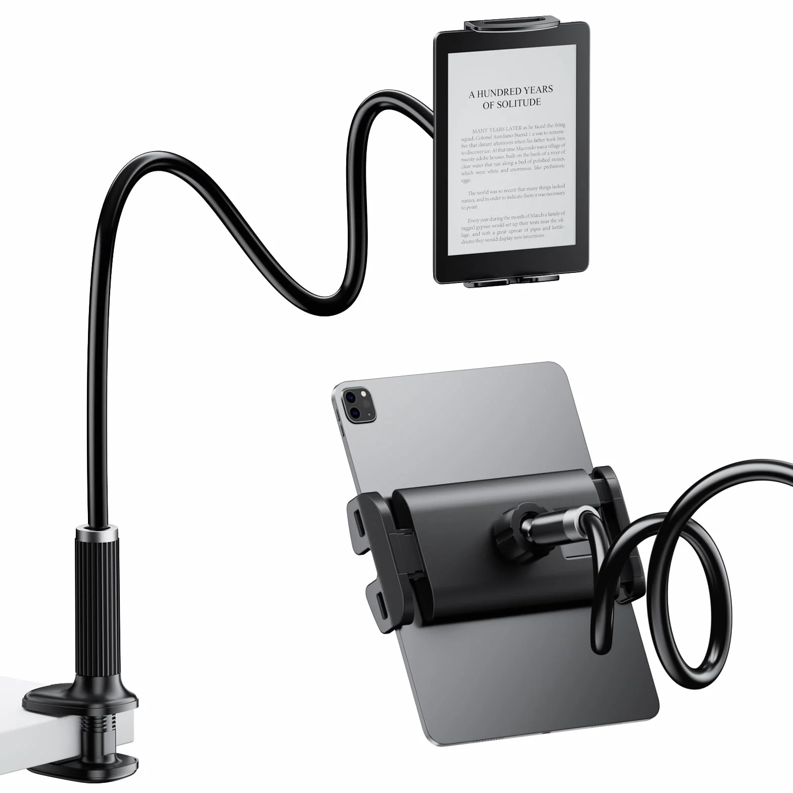 FlyCoco Uchwyt na tablet z gęsią szyją, ulepszony, z elastycznym długim ramieniem do łóżka, kompatybilny z iPadem Pro Air/iPhone/Kindle Fire/Switch lub innym urządzeniem 4-13 cali, czarny