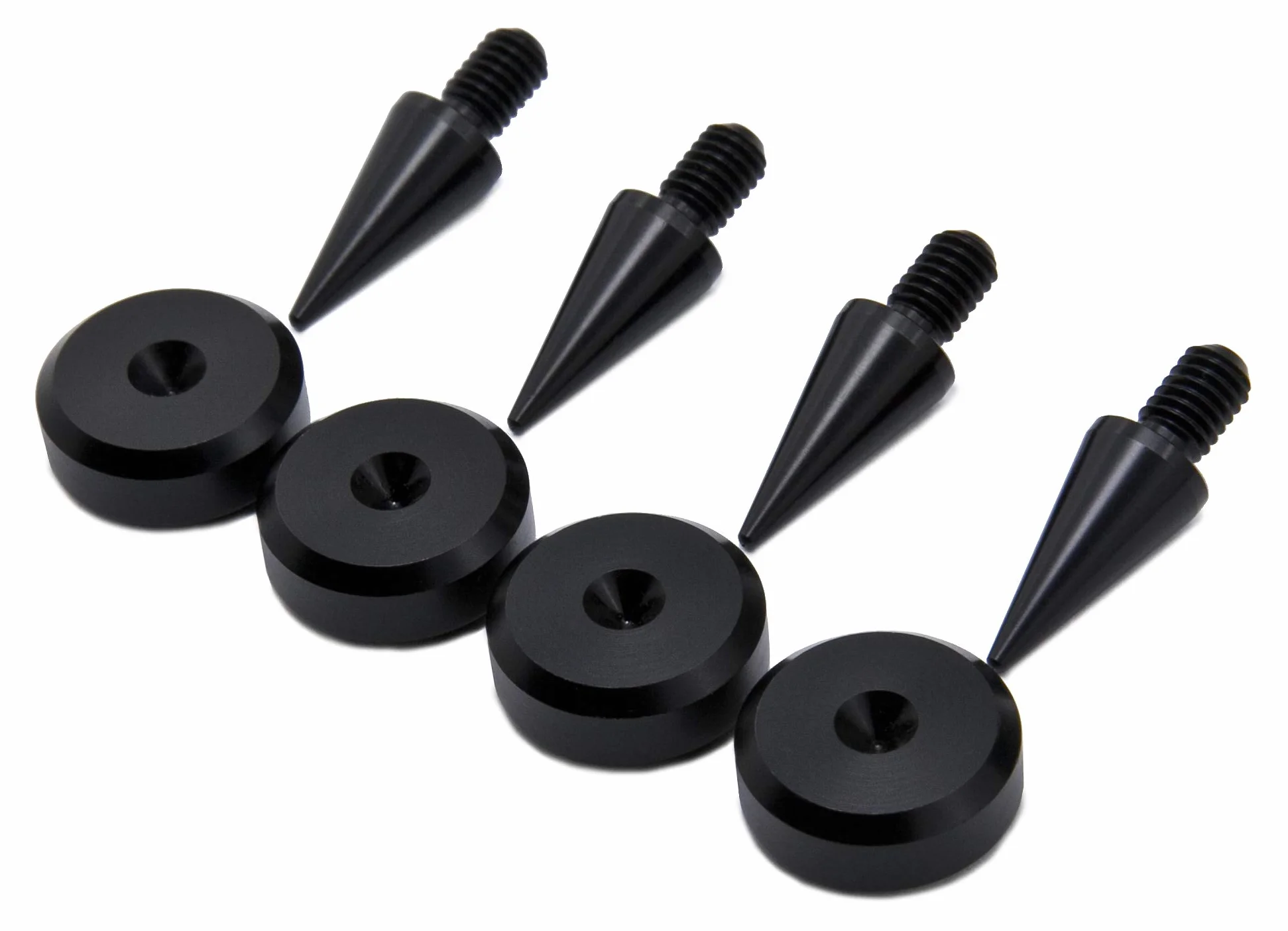 PrecisionGeek® Zestaw kolców i podkładek do głośników M6, czarne, anodowane aluminium, 4 x kolce Ø 10 mm + 4 x podkładki Ø 20 mm (fazowane), izolacja antywibracyjna do głośników HiFi, stojaków i