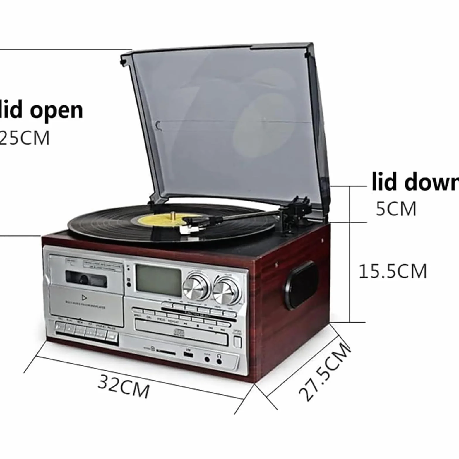 Retro Centrum Muzyczne, Gramofon Z Magnetofonem Kasetowym I Odtwarzaczem CD, 3 Prędkości Z Pokrywą Przeciwkurzową, Bluetooth Radio FM USB I Wbudowane Głośniki Stereo