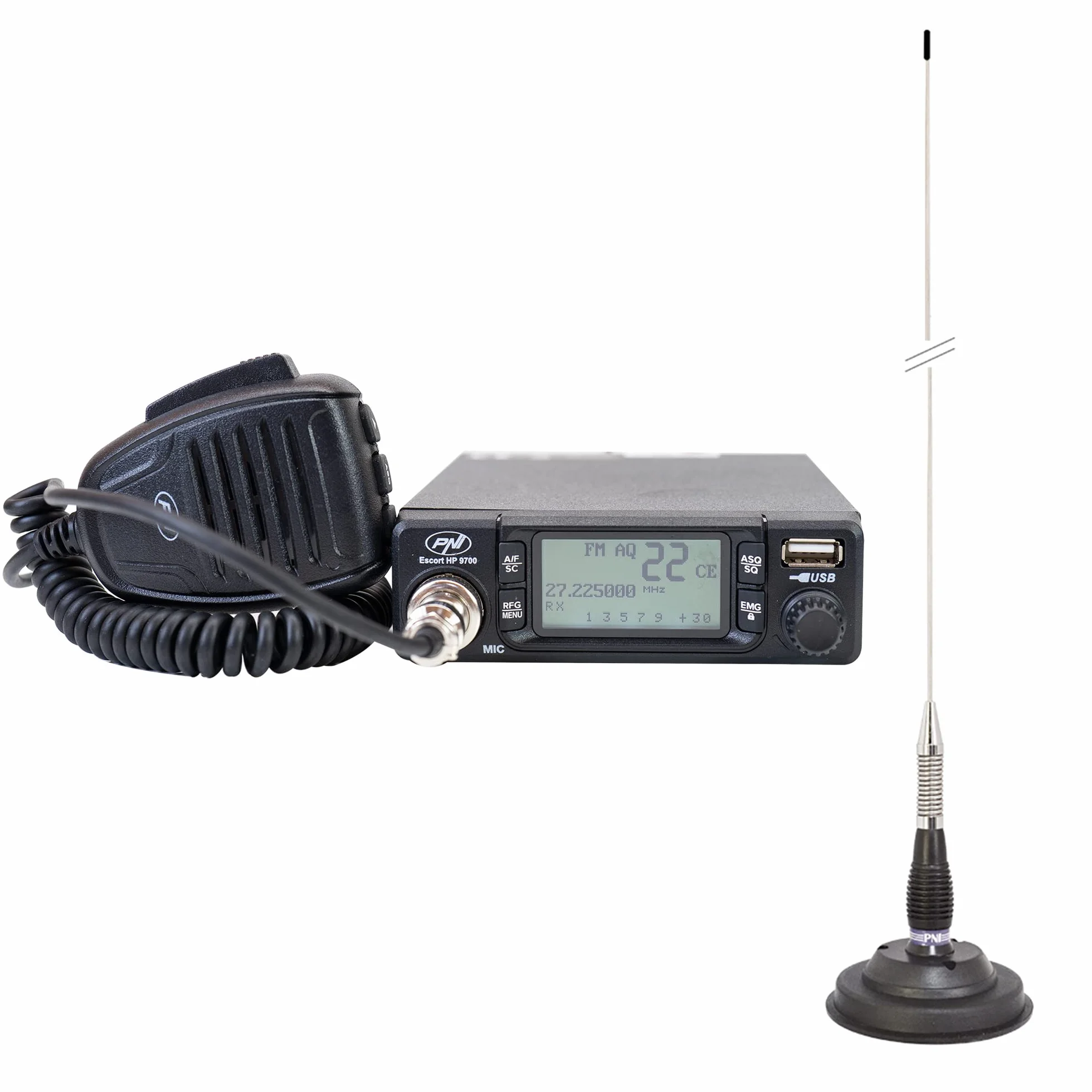Zestaw stacji radiowej CB PNI Escort HP 9700 USB i antena CB PNI ML100 z podstawą magnetyczną