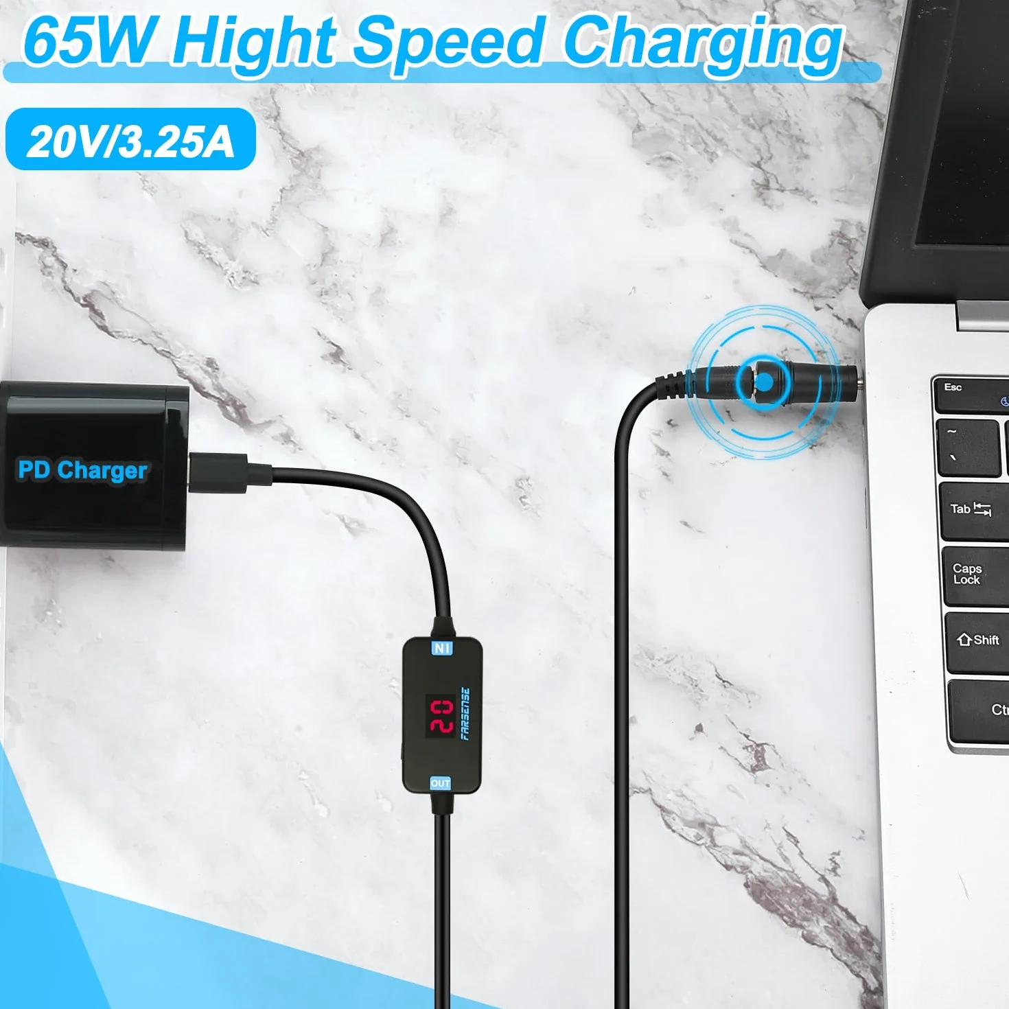 FARSENSE Adapter USB C na DC, kabel wyzwalający PD (1,5 m) z 10 końcówkami Connecor, kabel zasilający USB na DC może przełączać napięcie poprzez naciśnięcie klawisza i obsługuje napięcie wyświetlacza